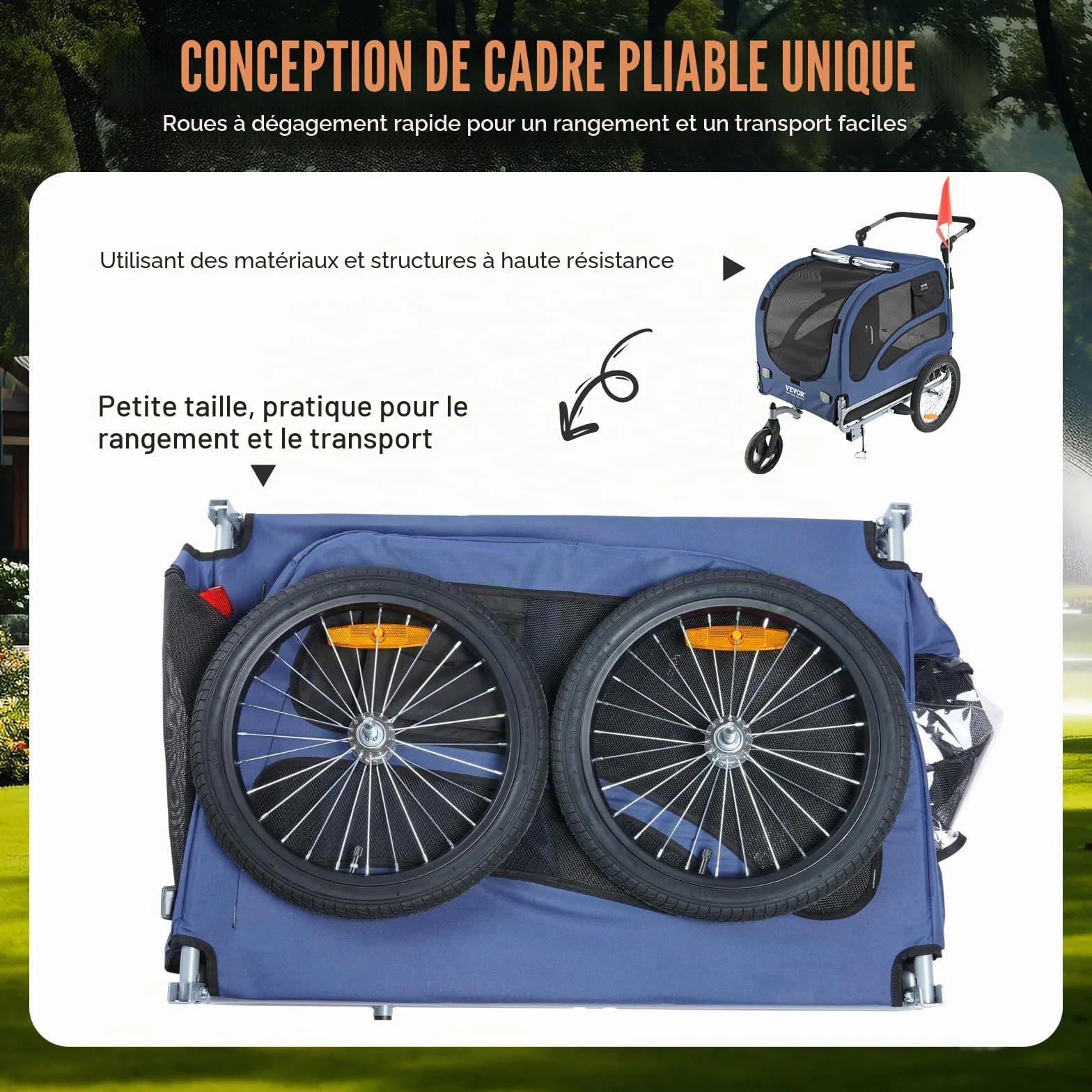 VEVOR Remorque de Vélo Chien Pliable 45 kg Poussette Animaux 2en1 Roues Dégagement Rapide Bleu/Noir