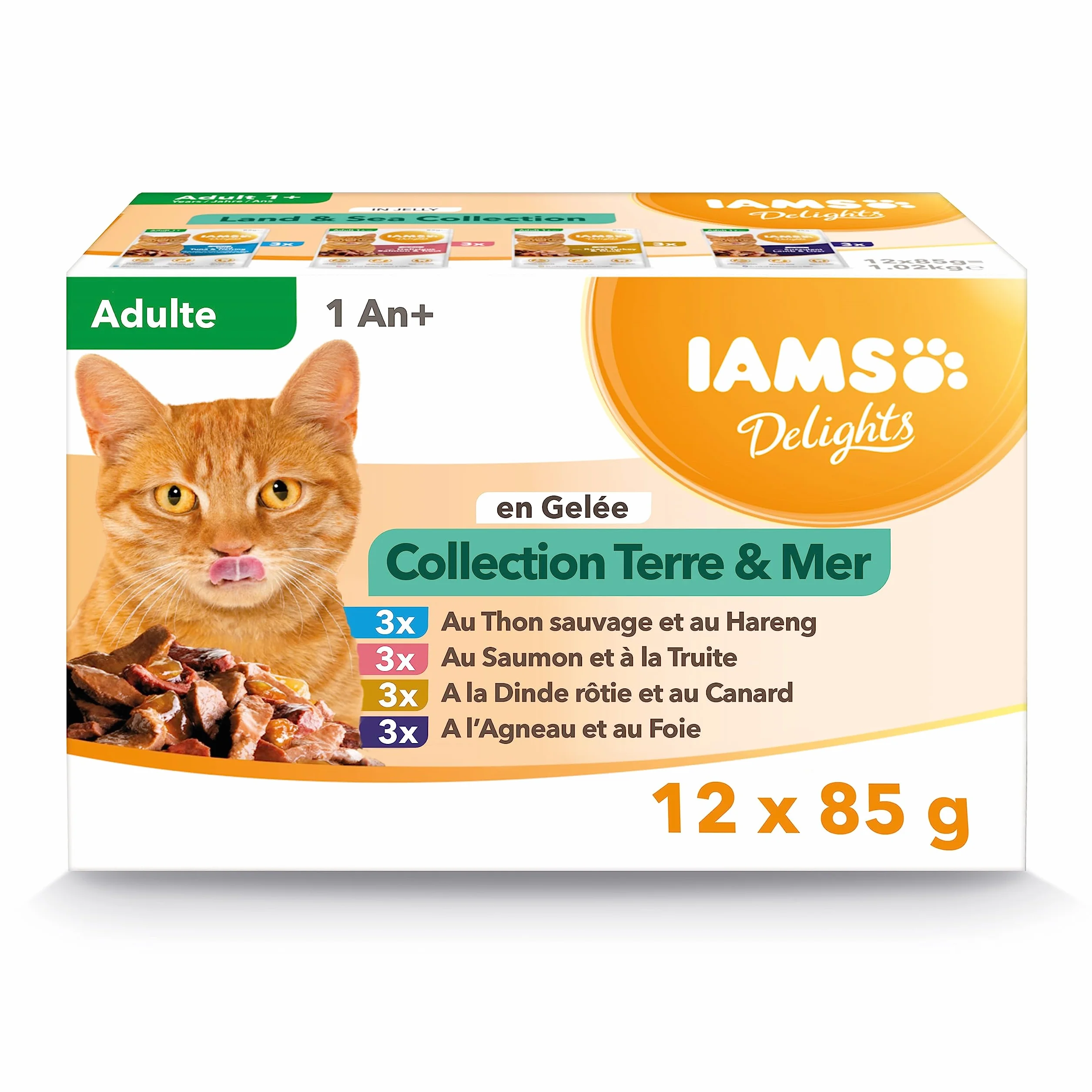IAMS Chat Adulte Nourriture Humide Gelée Terre&Mer Land&Sea Collection 12x85g
