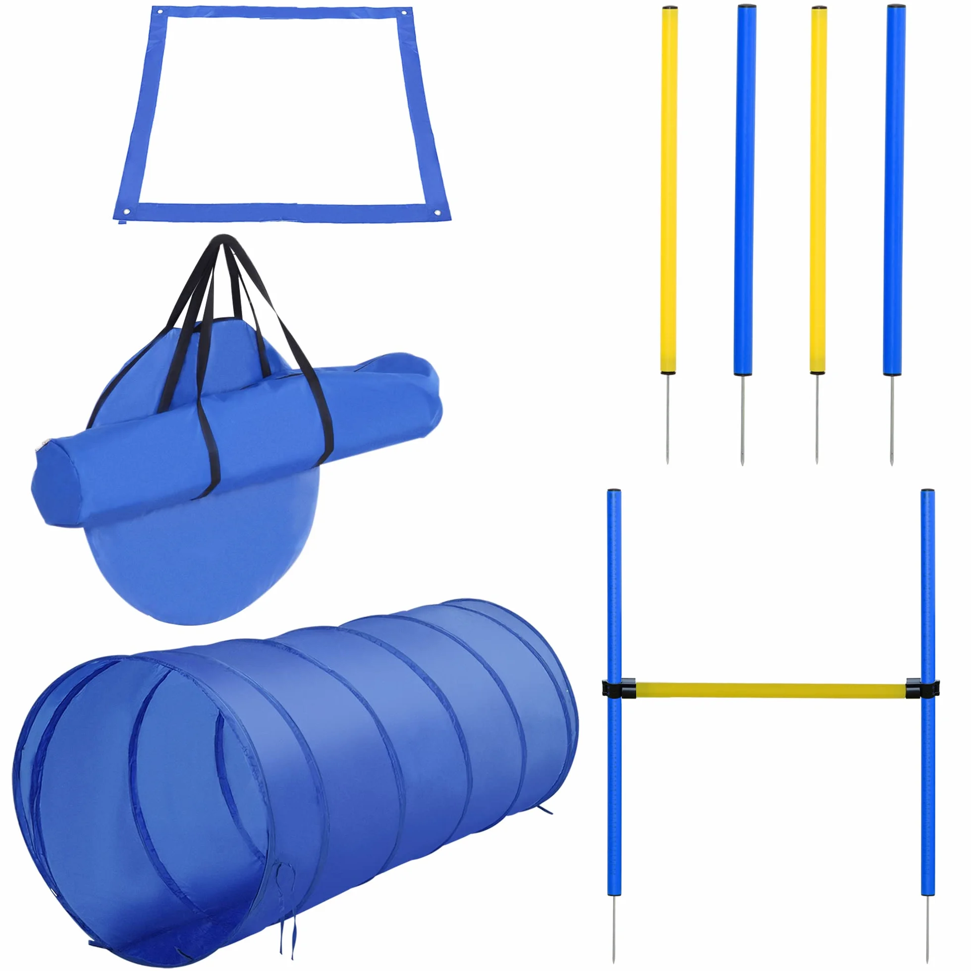 PawHut Agility Sport pour Chiens - Équipement Complet avec Tunnel, Slalom, Zone Repos et 2 Sacs de Transport Bleu Jaune