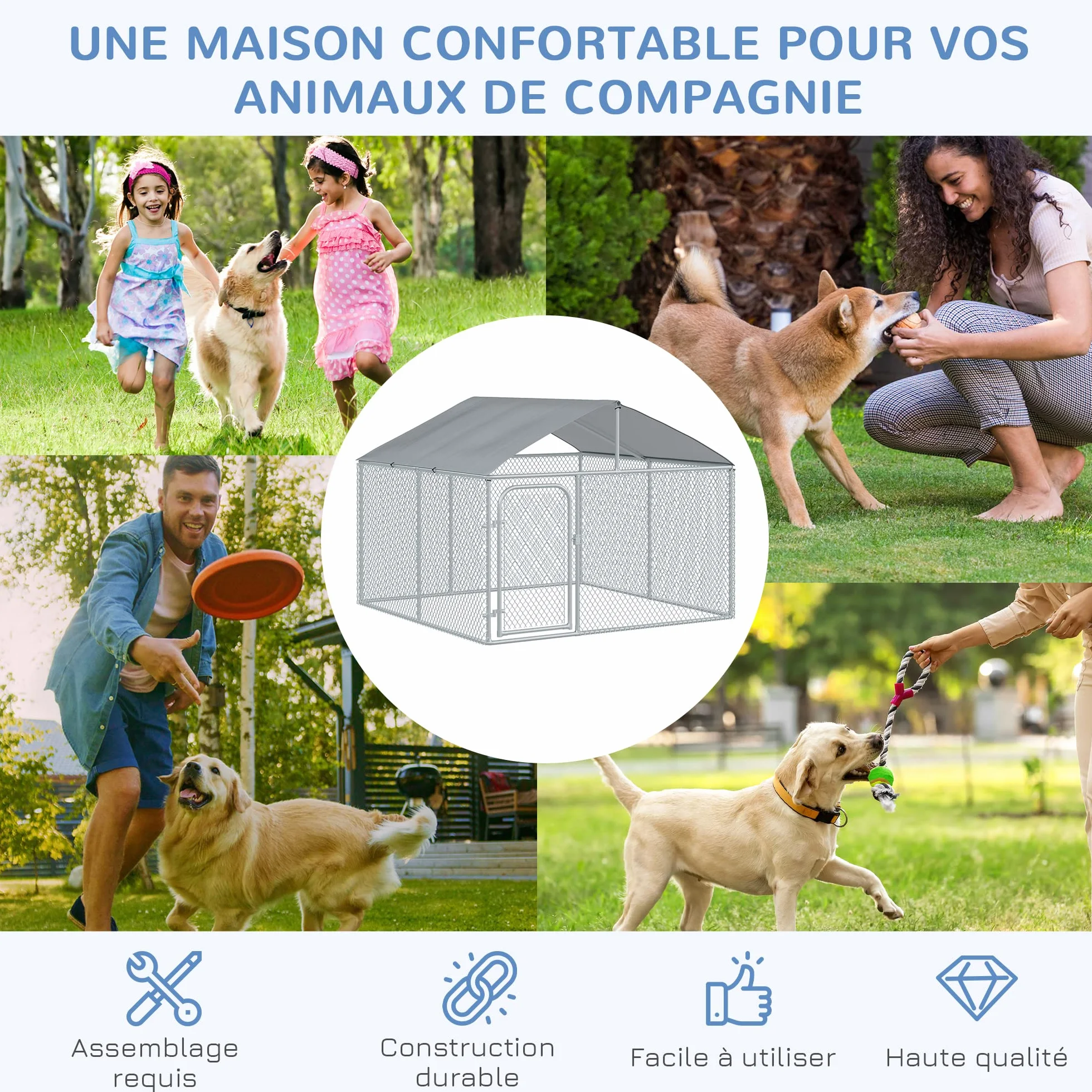 PawHut Chenil extérieur avec Toit pour Chien 5 m² - Parc grillagé 230 x 230 x 175 cm - Acier galvanisé