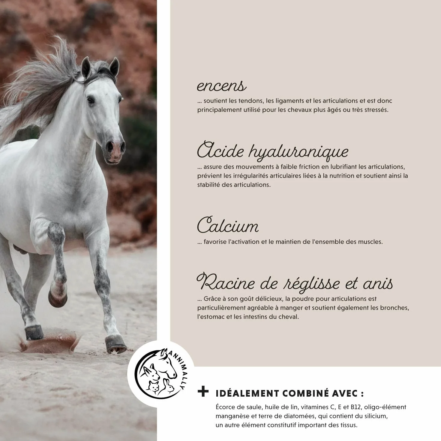 Poudre articulation cheval 850g collagène camomille MSM glucosamine acide hyaluronique chondroïtine complément alimentaire arthrose