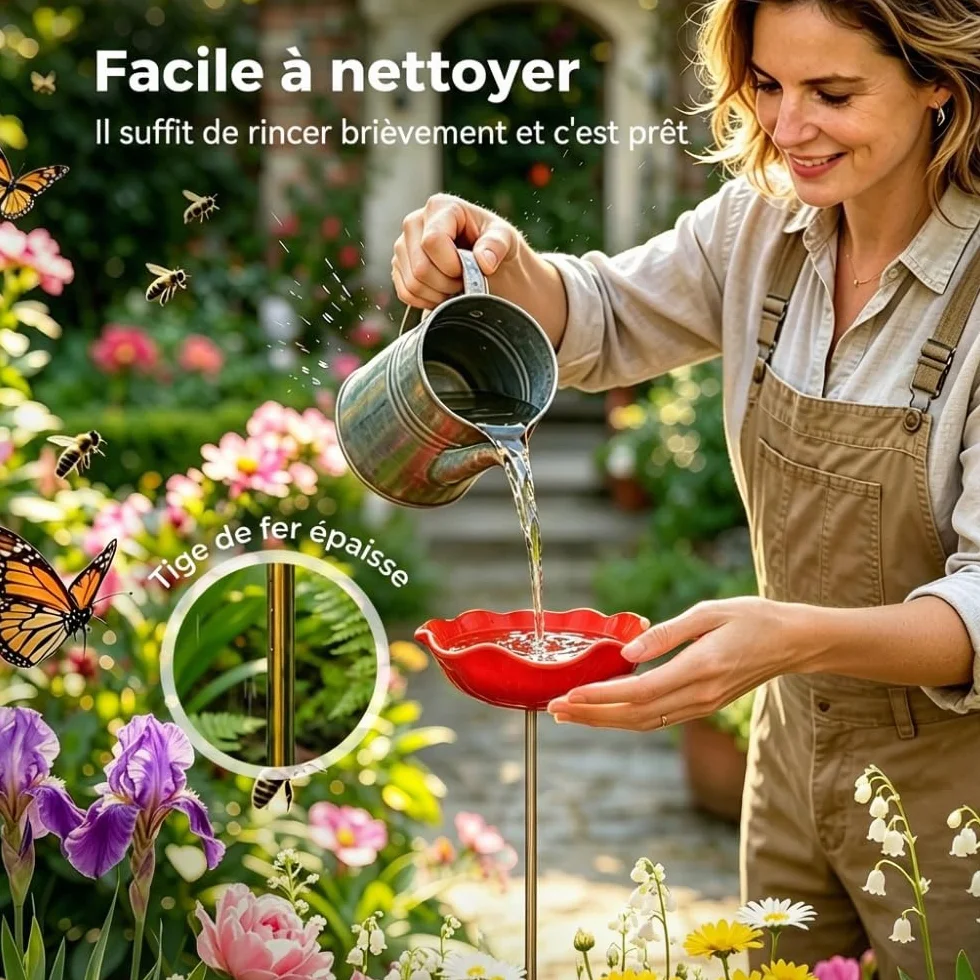 Abreuvoir Oiseaux Métal Motif Fleurs, Bain Oiseau Décoratif Résistant Intempéries, Piquet Jardin Fleur Métal Fait Main (Rouge)