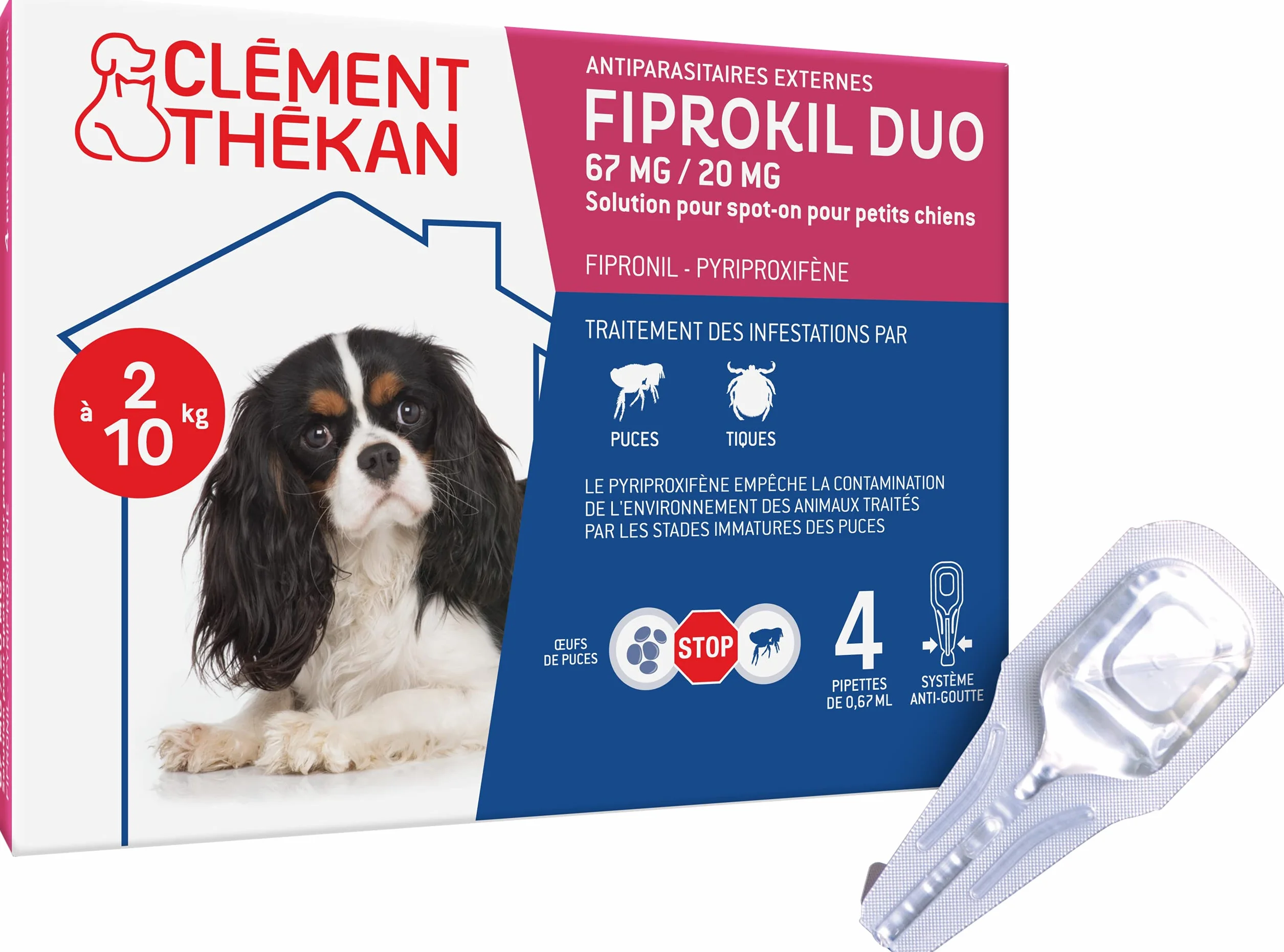 Fiprokil Duo Petits Chiens Clément Thékan (2-10 kg) - Anti-Puces/Tiques - Élimine parasites/Oeufs - Protège Jusqu’à 7 semaines l’Animal et 12 semaines l’Environnement - 4 pipettes Spot on