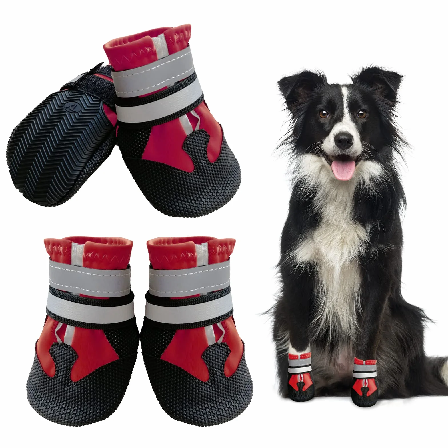 Bottes Chien Imperméables avec Sangles Réfléchissantes Antidérapante Protecteurs de Pattes Taille Petit Moyenne Grande (L, Rouge)