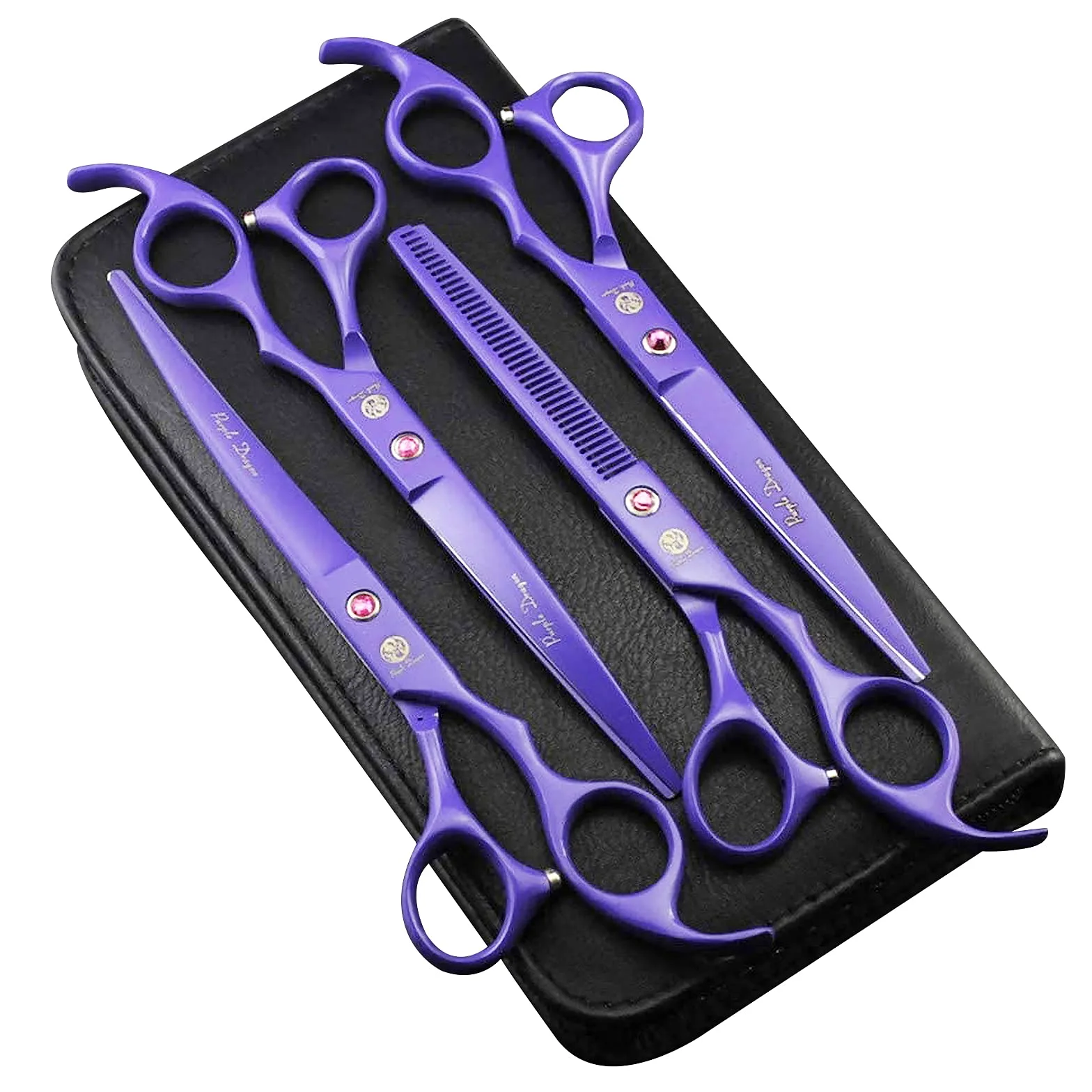 Purple Dragon Lot de 4 ciseaux de toilettage professionnels de 17,8 cm en acier japonais de qualité supérieure, droit, incurvé et à effiler avec étui