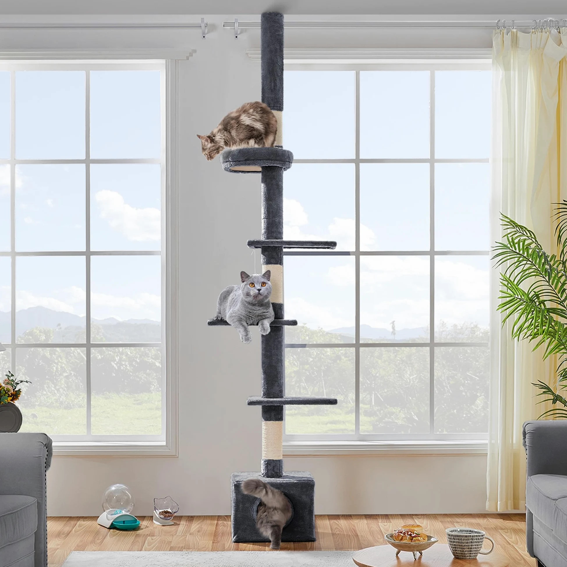 Abician Arbre à Chat du Plafond Poteau à griffer Réglable en Hauteur 226-265 cm avec Niche Chat Gris foncé