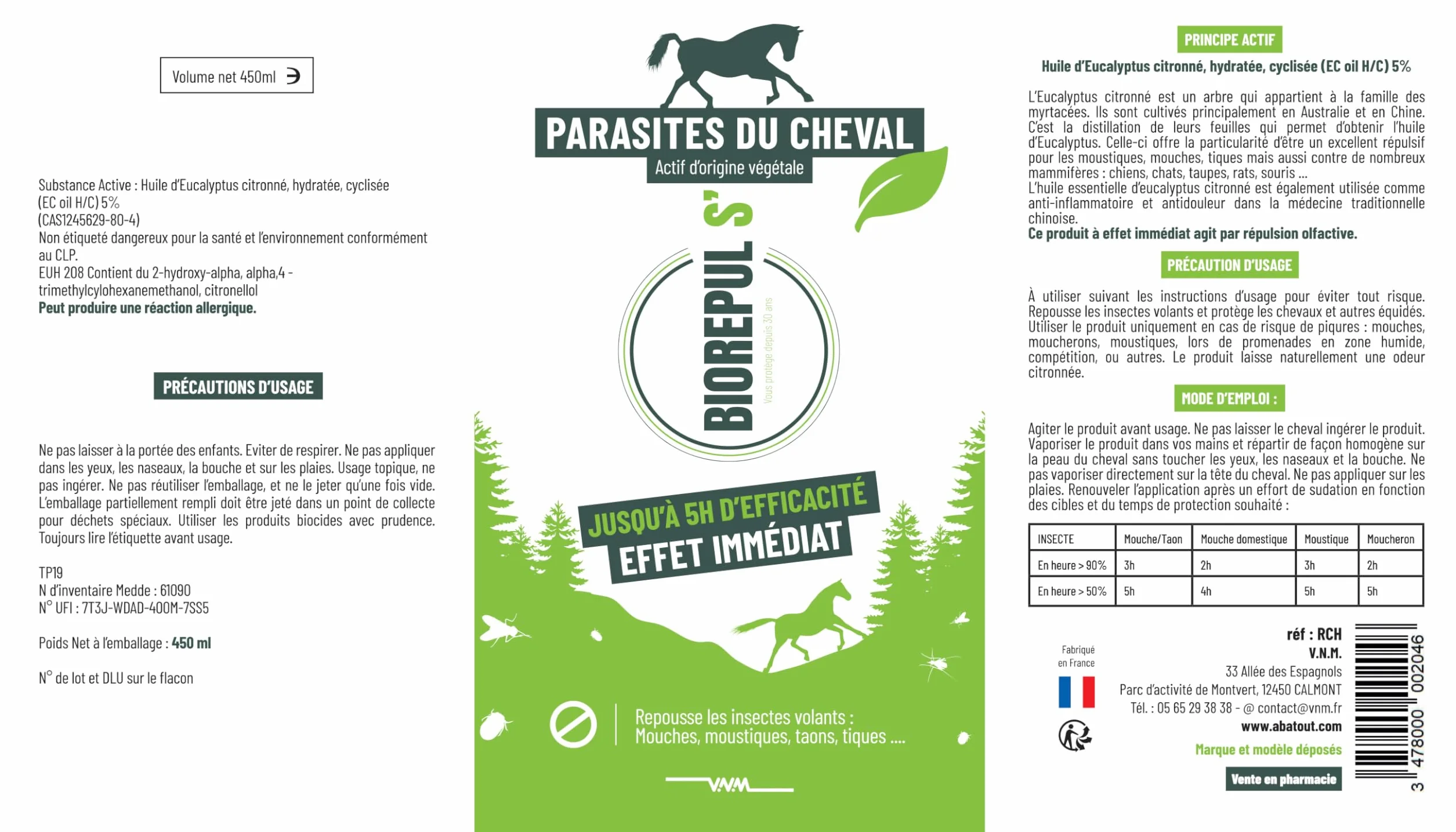 BIOREPUL'S - Spray Répulsif pour Mouches de Cheval - Parfum citronné à l'huile d'eucalyptus - Efficace jusqu'à 5h - 450 ML