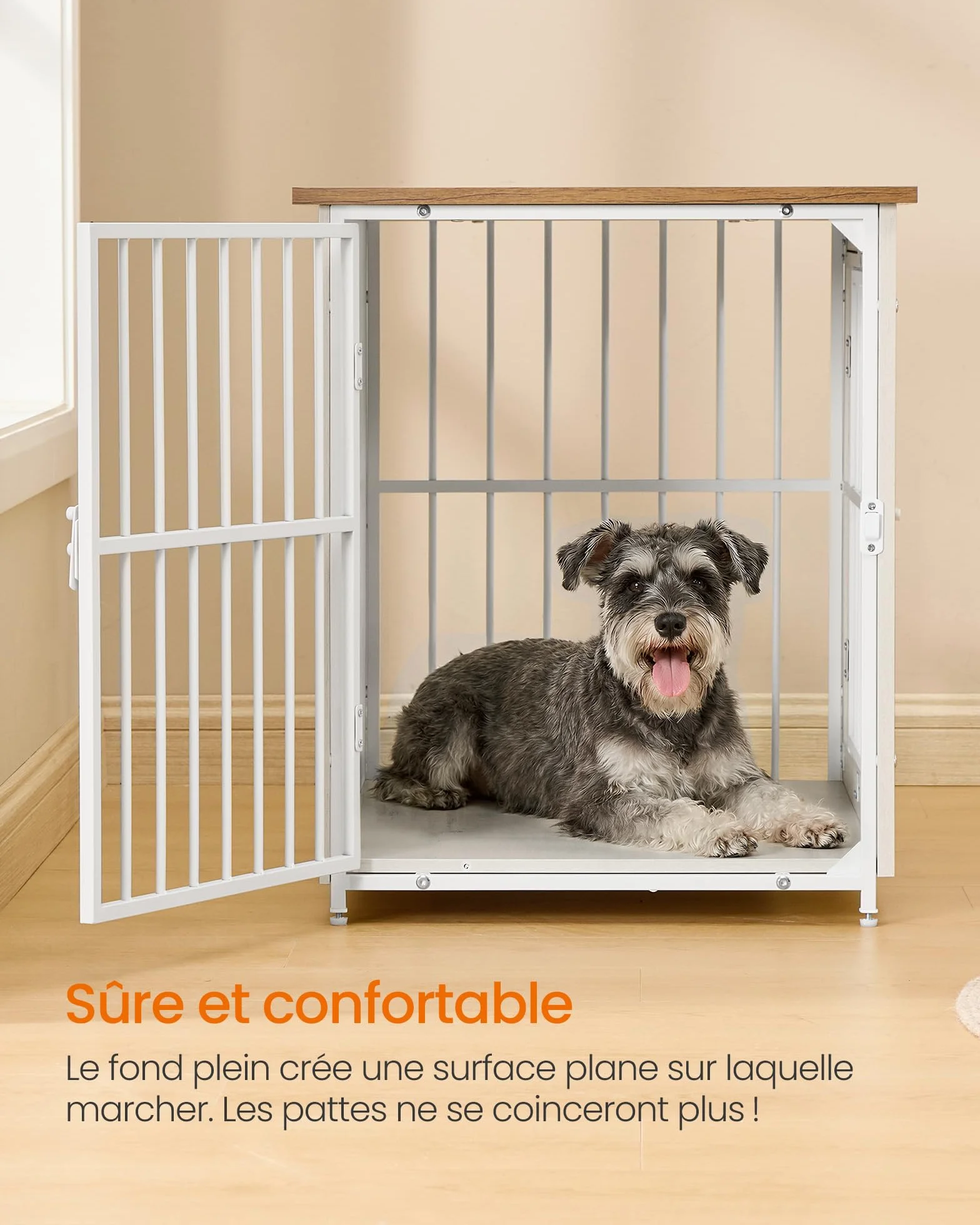Feandrea Meuble Cage pour Chien Table d'Appoint Fond Plein 2 Portes 82x55x64 cm pour Chiens Jusqu'à 20 kg Blanc Nuage Marron Miel