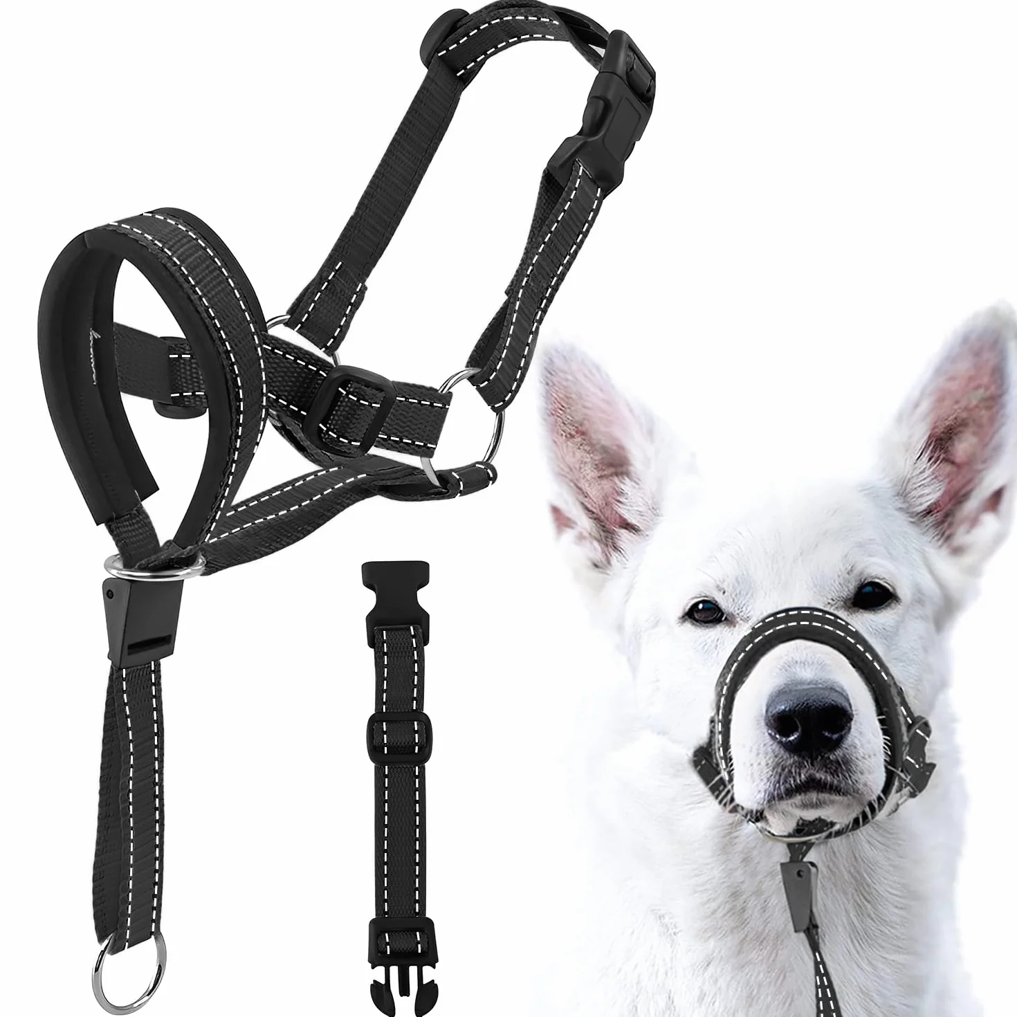 Voarge Harnais de dressage pour chien, muselière pour animaux de compagnie, facile à installer, léger, avec sangle de nez rembourrée, protège-dents pour chien, support d'entraînement pour éviter les