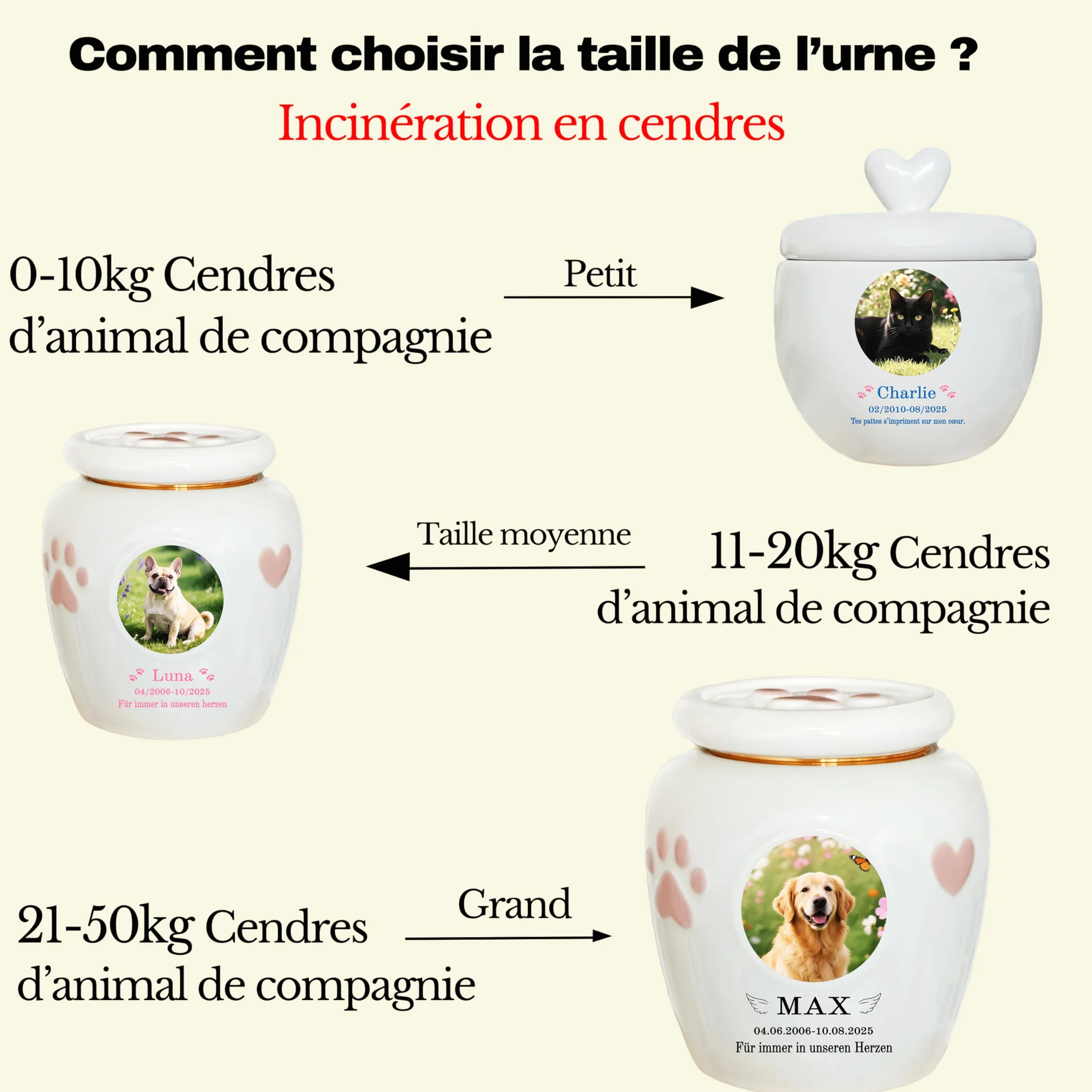 Urne personnalisée pour animaux de compagnie en céramique, cendres chien chat, grande taille ≤ 50 kg