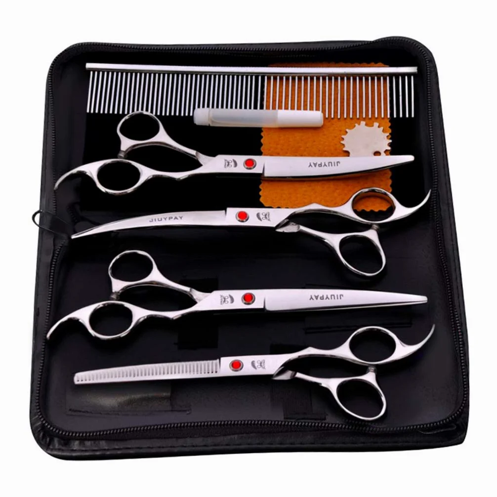 7 Pièces Ciseaux Toilettage Animaux Chiens Chats Ciseaux Coupe Peigne Set Précise Nettoyage Facile Matière Résistante Usage Recommandé pour, Argent, 7 Pouces