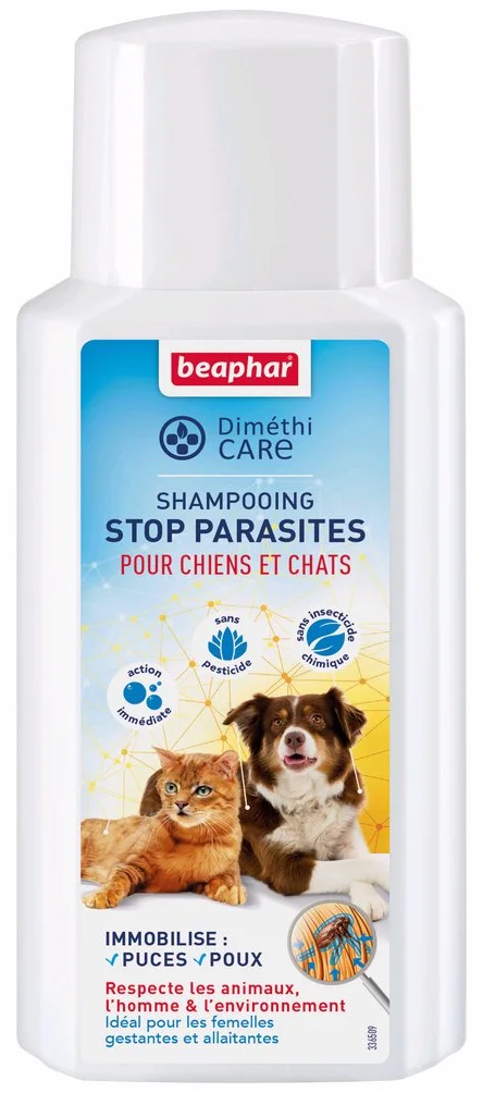 BEAPHAR – DIMÉTHICARE – Shampoing Stop Parasites à l'Aloe Vera pour Chien et Chat – Contre puces, tiques et poux – sans Pesticide et sans Insecticide Chimique – Action immédiate – Flacon 200 ML