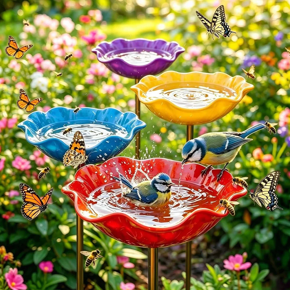 Abreuvoir Oiseaux Métal Motif Fleurs, Bain Oiseau Décoratif Résistant Intempéries, Piquet Jardin Fleur Métal Fait Main (Rouge)