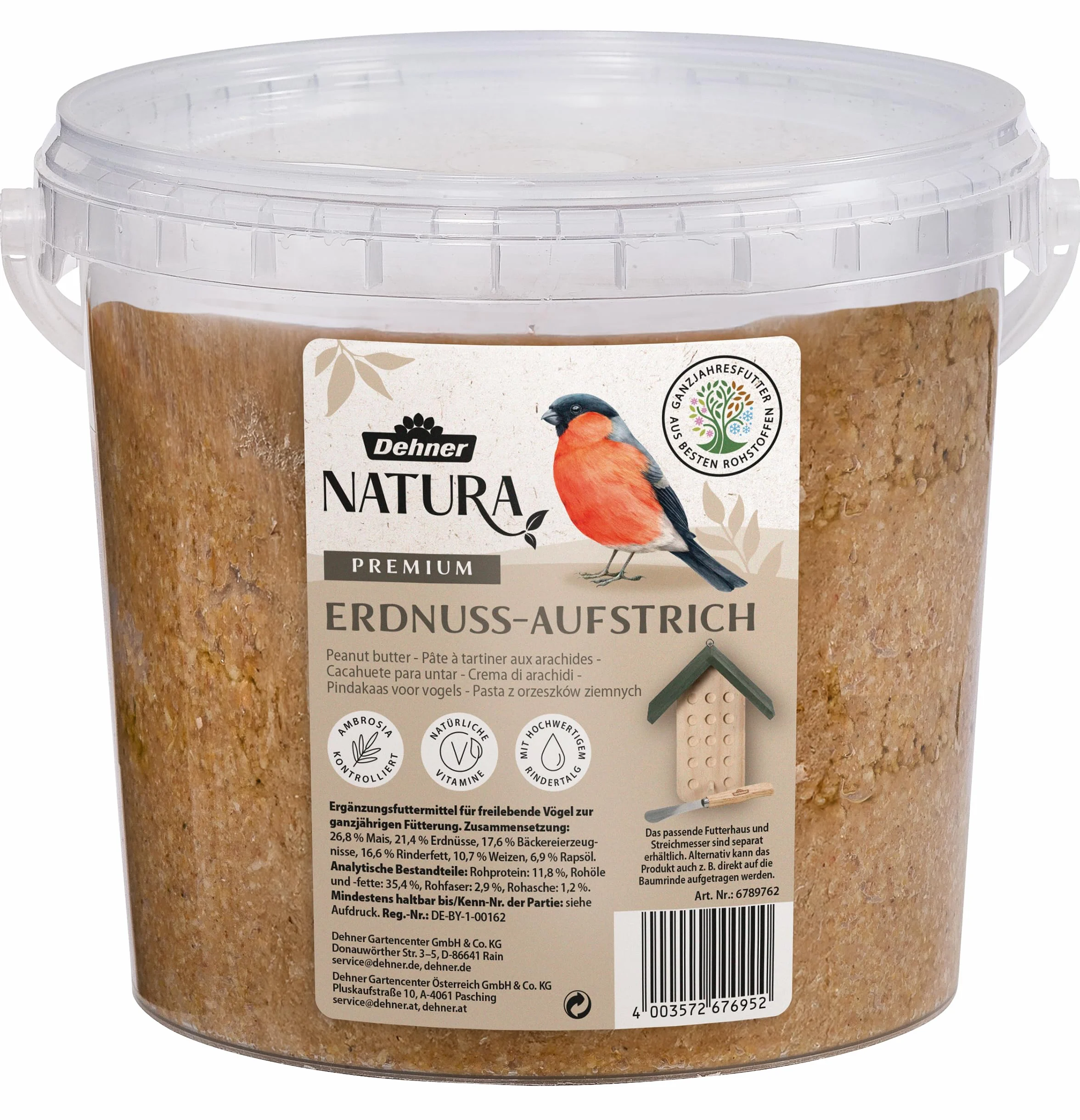 Dehner Natura Premium Nourriture pour Oiseaux Sauvages, Beurre de cacahuète en Seau, 2 kg