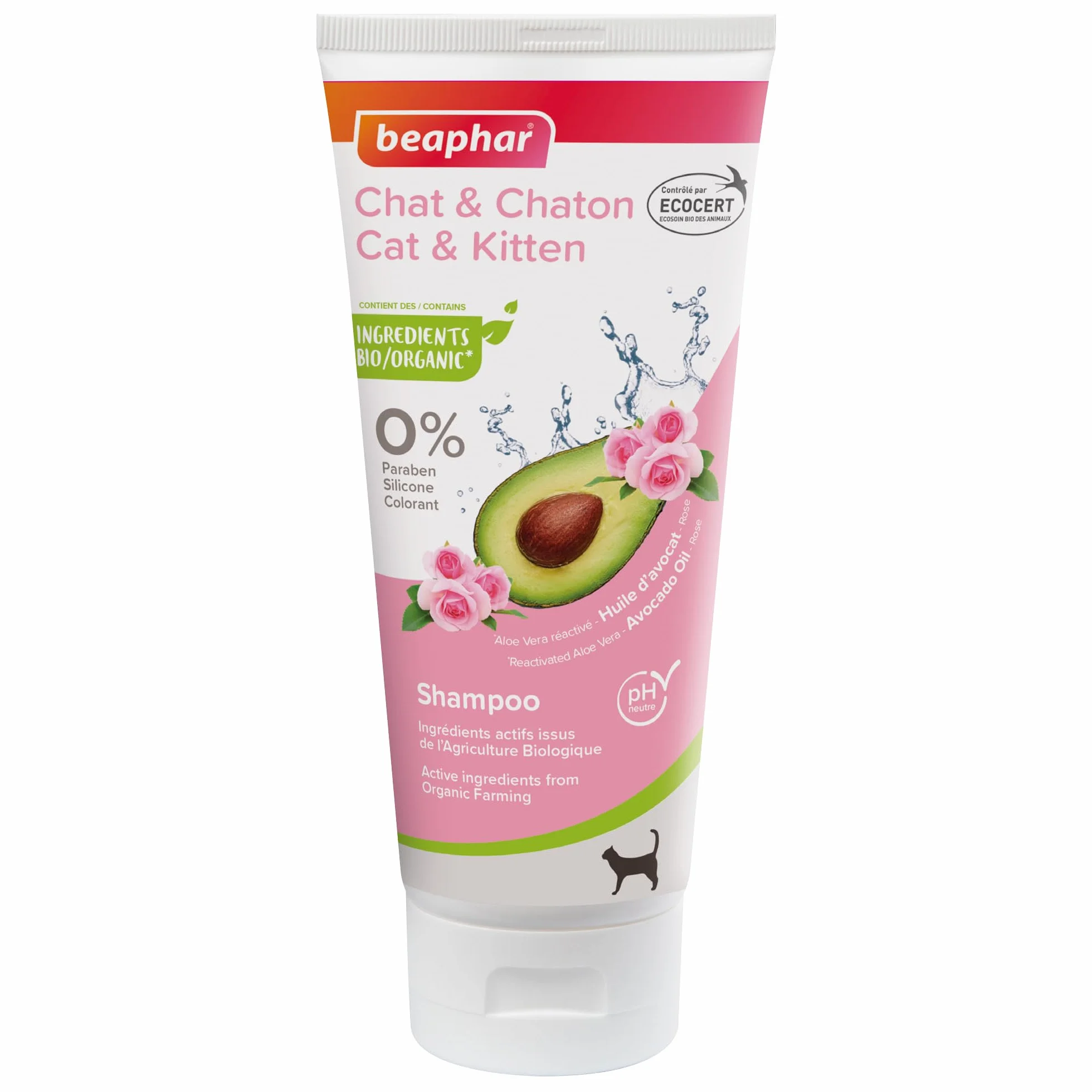 BEAPHAR Shampoing Éco-certifié pour Chat et Chaton à l'Aloe Vera, Huile d'Avocat et Rose Bio pH Neutre 200 ML