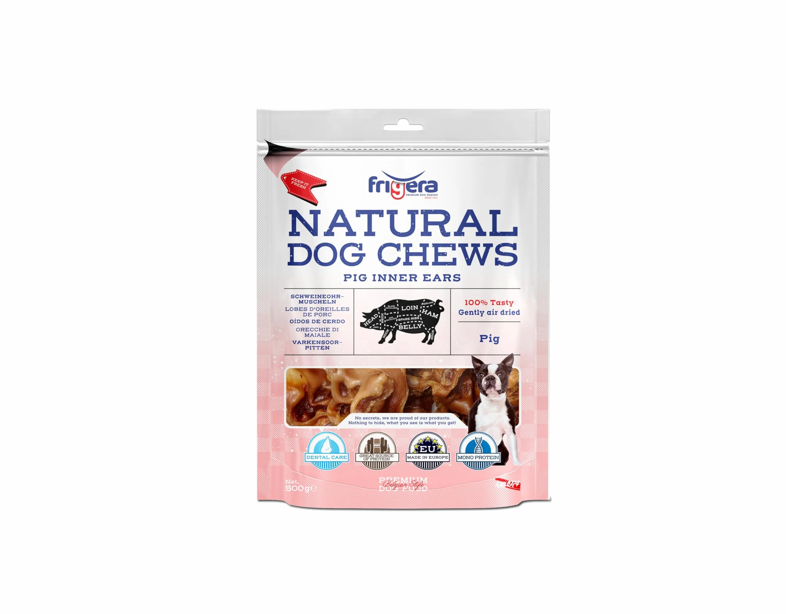 Frigera Lobes d'oreilles de Porc 500g – Friandises Naturelles Riches en protéines pour Chiens, sans Gluten ni céréales