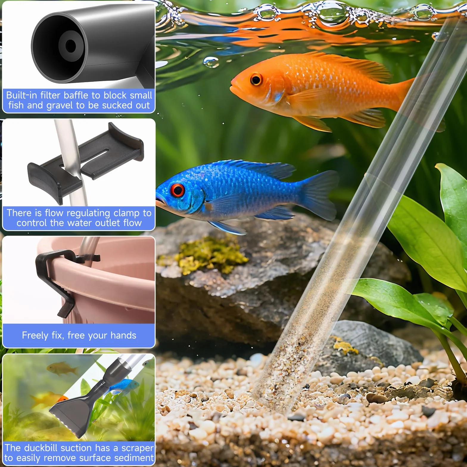 Aspirateur de Gravier réglable pour Aquarium, Siphon, Changeur d'Eau Manuel, Kit de Nettoyage