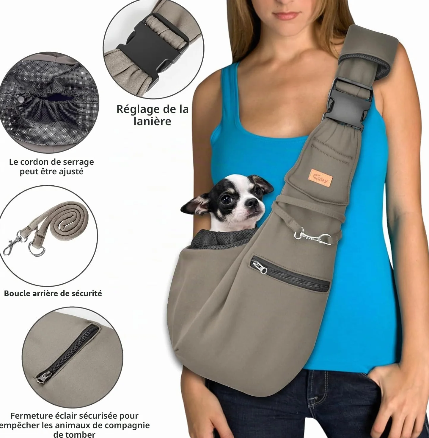 CUBY Sac de transport pour chiot réglable et réversible bandoulière protection ceinture sécurité poche zippée