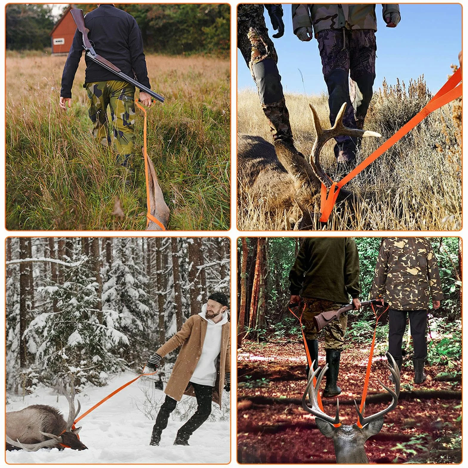 Sangle de Traînée de Cerf Orange 4 Pcs avec Poignée, Corde de Traction pour Cerf, Accessoires de Chasse