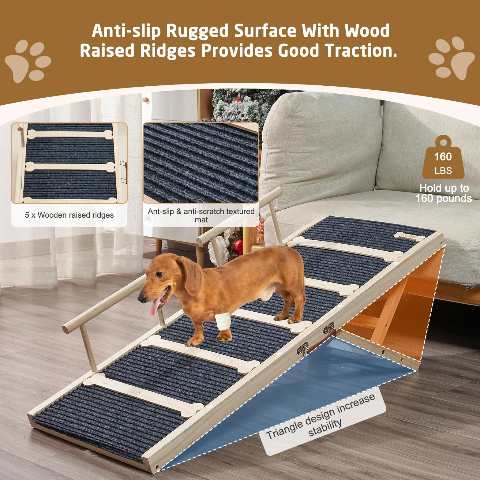 Rampe pour chien en bois 120 cm antidérapante 6 hauteurs réglables 40-71 cm avec tapis de traction