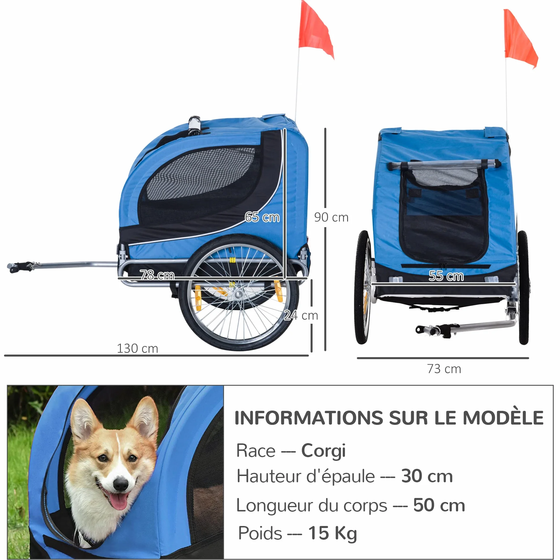 PawHut Remorque Velo pour Chien Animaux avec 8 Reflecteurs Drapeau Bleu Noir