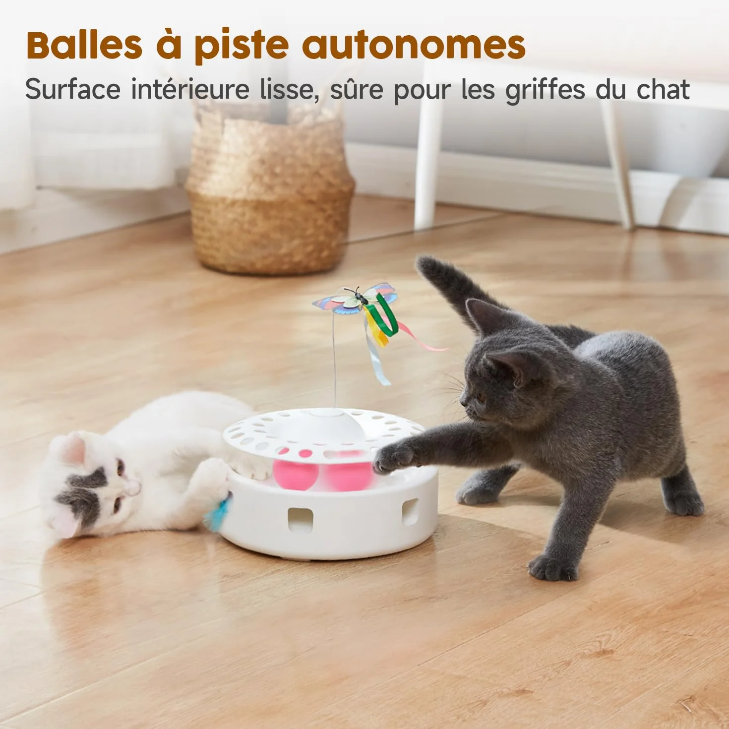 Potaroma Jouet Interactif Automatique 3-en-1 pour Chats d'Intérieur – Plumes Mobiles, Papillon Volant & Balles de Piste, Double Alimentation USB ou Piles