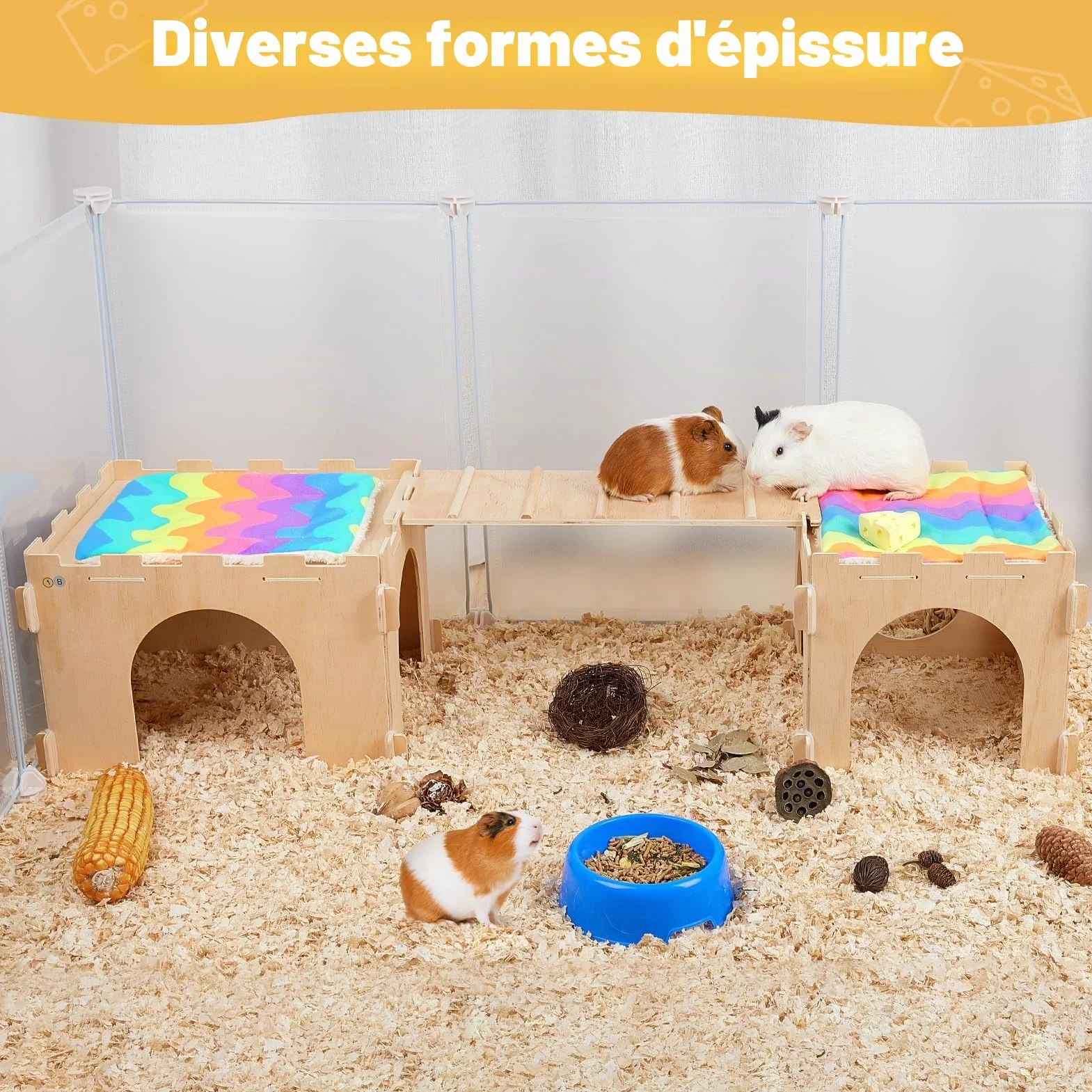 Cabane en Bois pour Cochons d’Inde, Maison Cachette pour Petits Animaux avec Rampe, Plusieurs Portes et Fenêtres, Accessoire pour Hamsters et Autres Petits Animaux