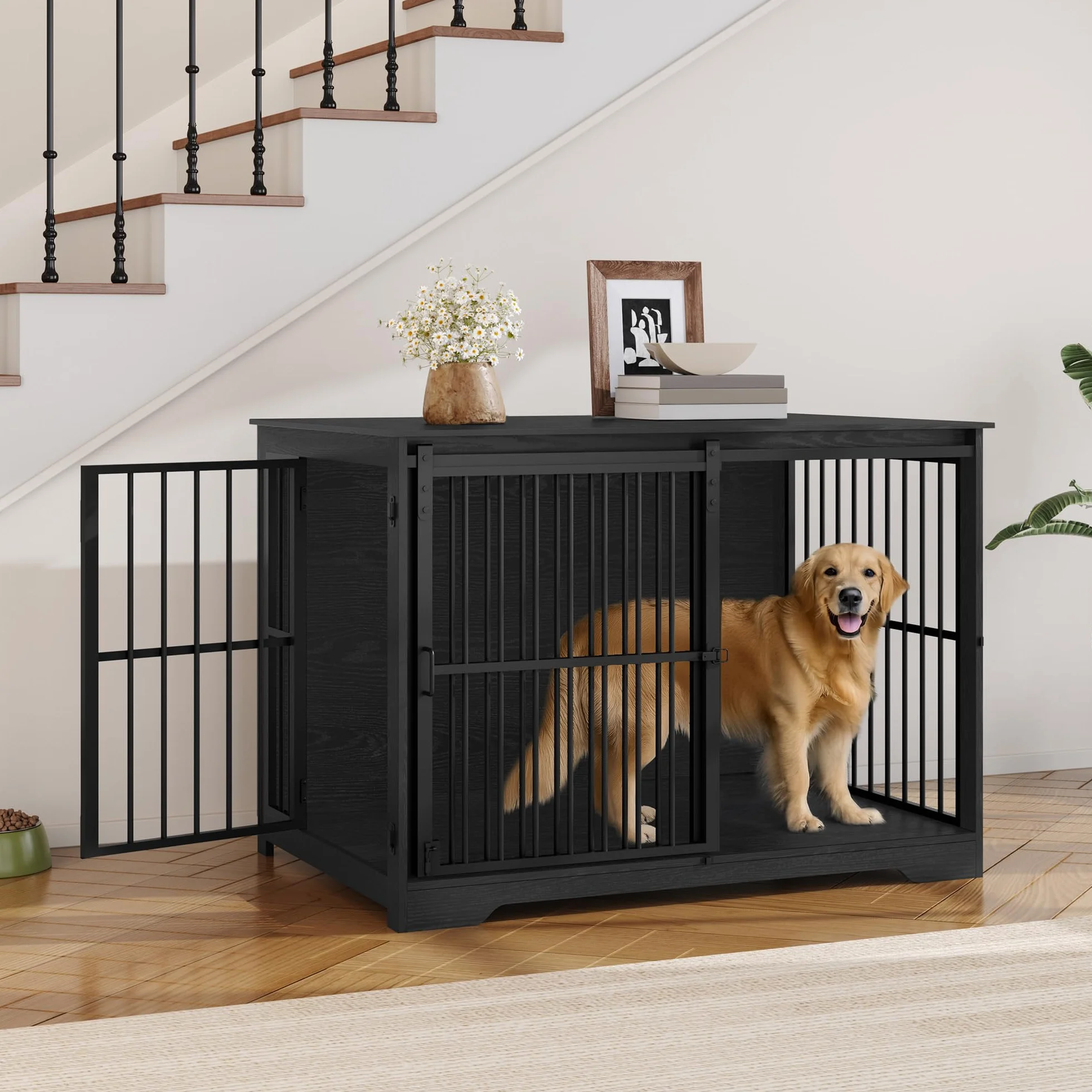 Hzuaneri Cage pour Chiens 110cm Table d’Appoint Niche Moderne 2 Portes 110 × 65 × 81 cm Noire