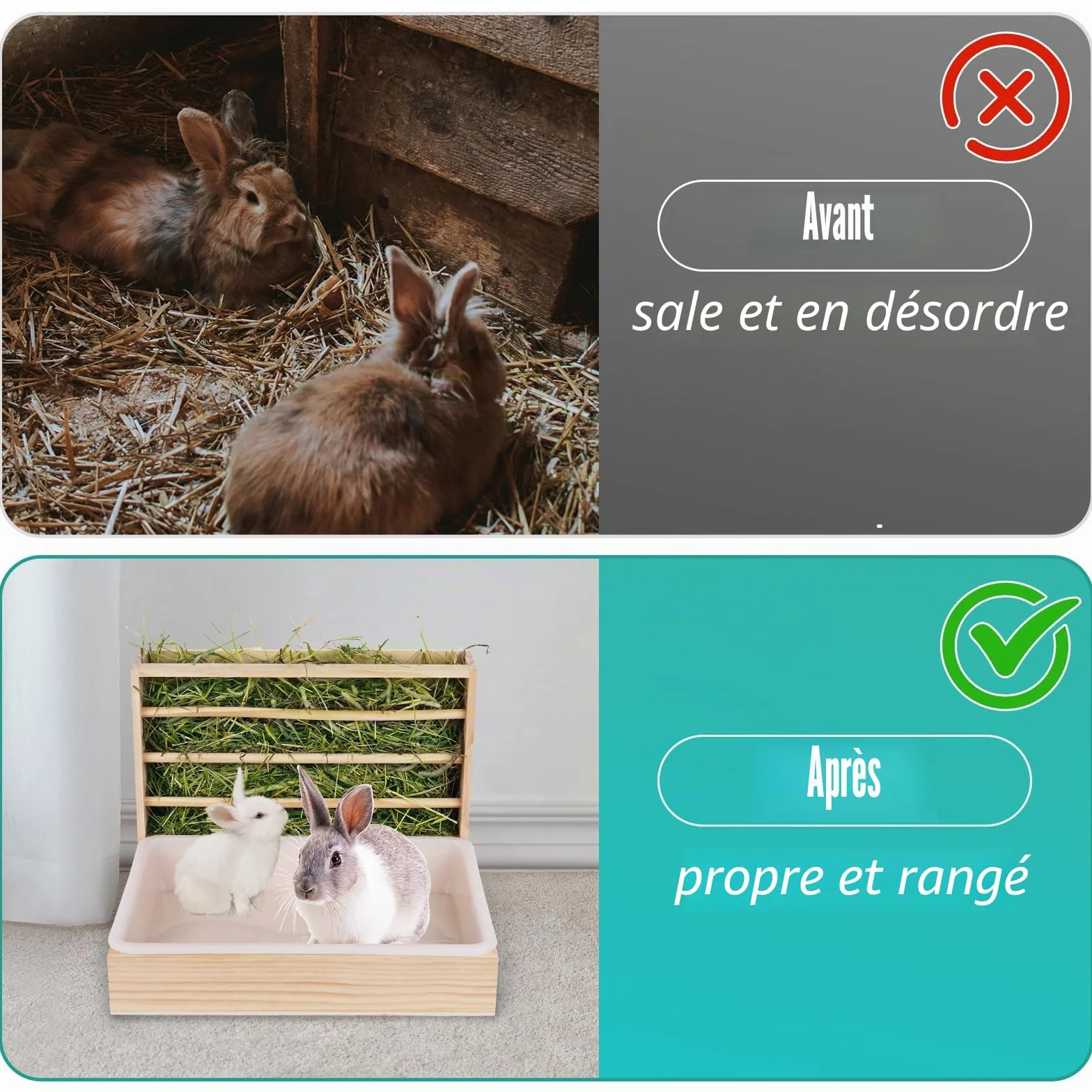 Râtelier à foin 2 en 1 en bois pour hamster avec distributeur automatique et bac à litière