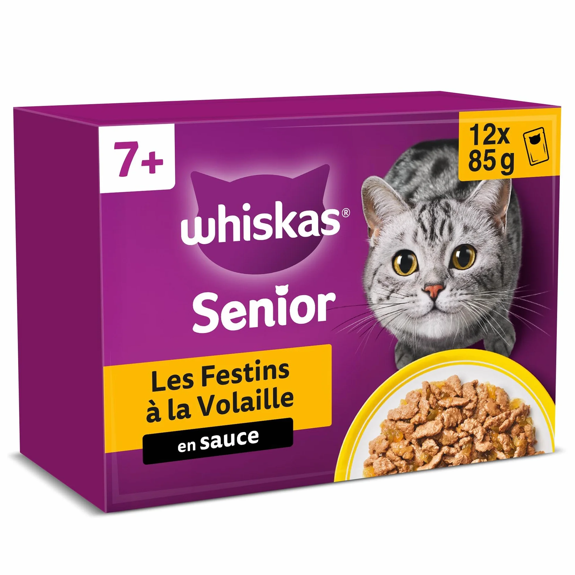 WHISKAS Aliment humide en sauce Chat senior 7+ 12x85g Festins à la Volaille (Lot de 4) 48 Sachets