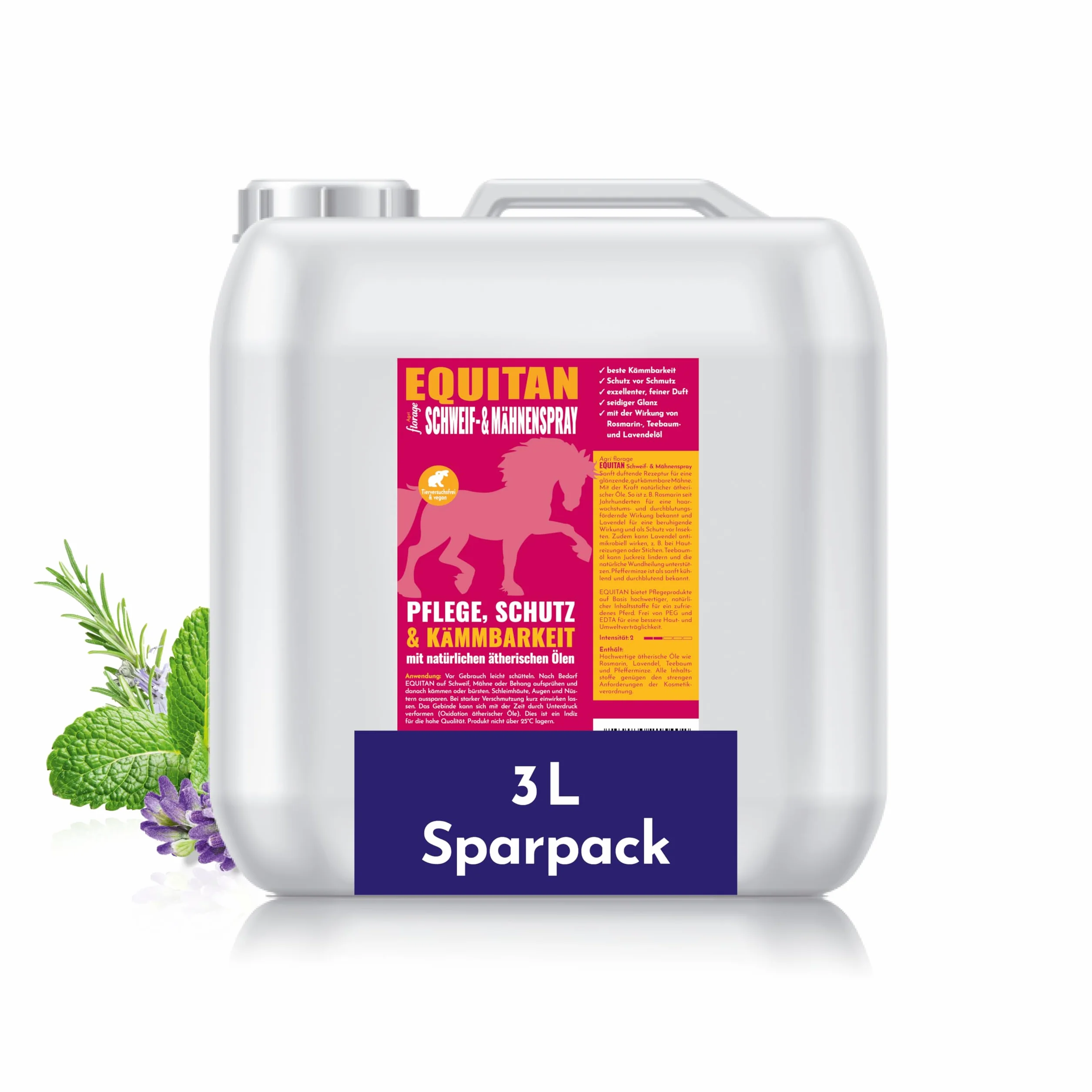 EQUITAN Spray pour queue et crinière chevaux 3 l entretien démêlage huiles essentielles sans PEG EDTA végétalien