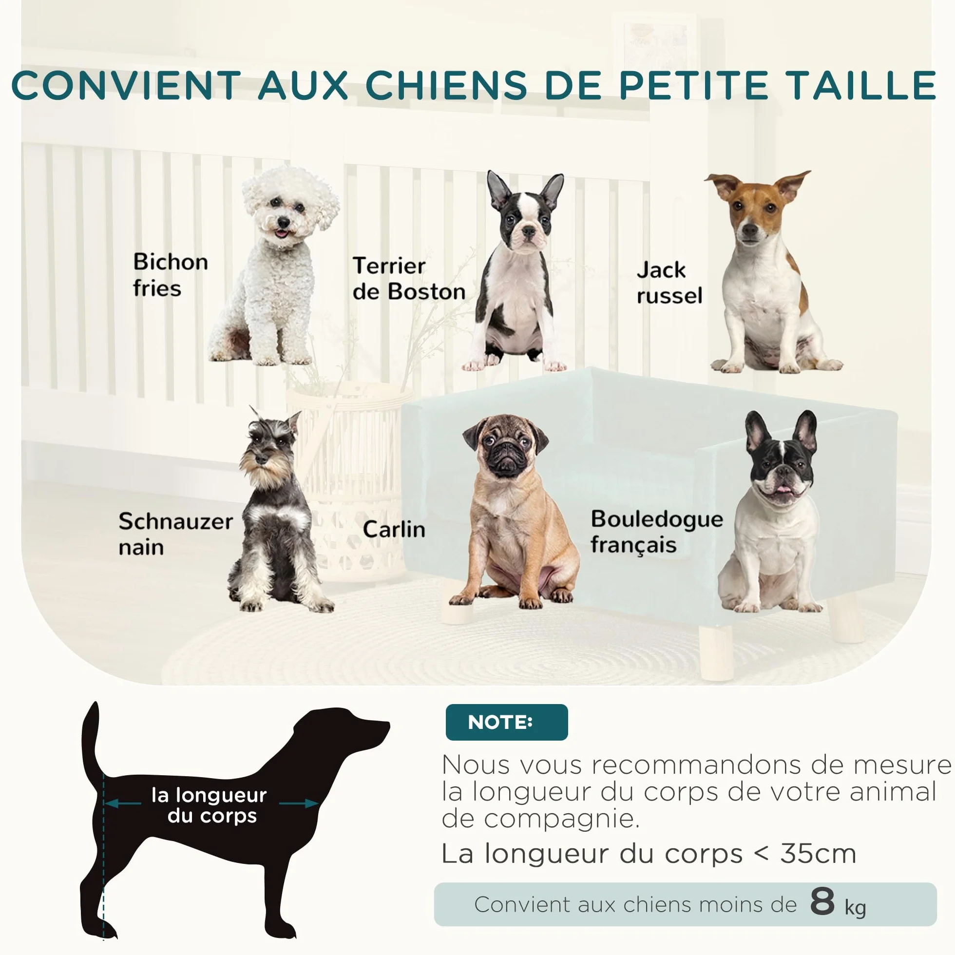 PawHut Canapé Chien lit pour Chien Design scandinave Coussin Moelleux Pieds Bois Massif 64 x 45 x 36 cm Velours Bleu Canard