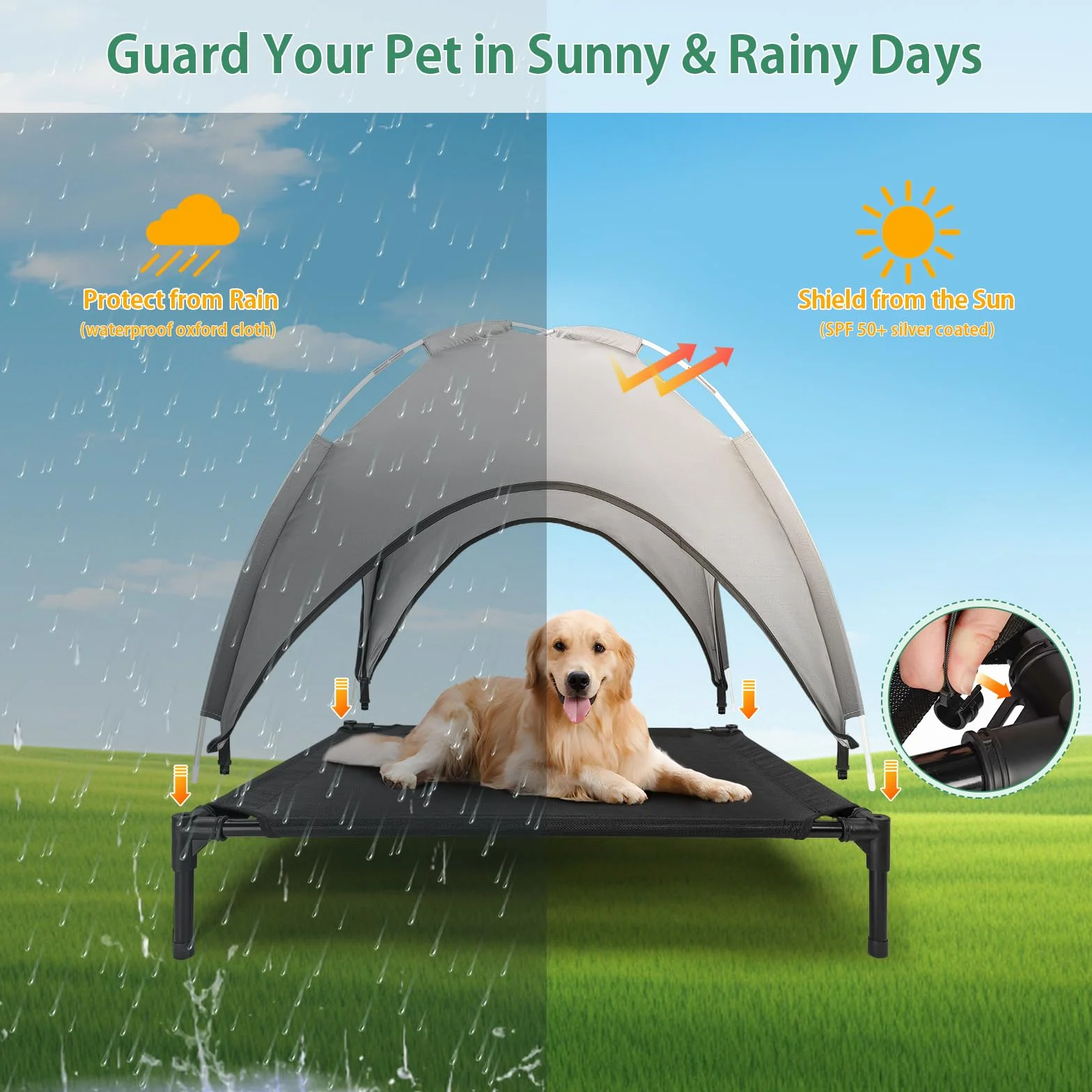 Lit Chien Surélevé avec Parasol, Lit de Camp Chien Chat sur Pieds Tissu Oxford Respirant, Anti-UV Cadre en Métal, Couchage Extérieur pour Chat, 92 x 76 x 94 cm, Gris