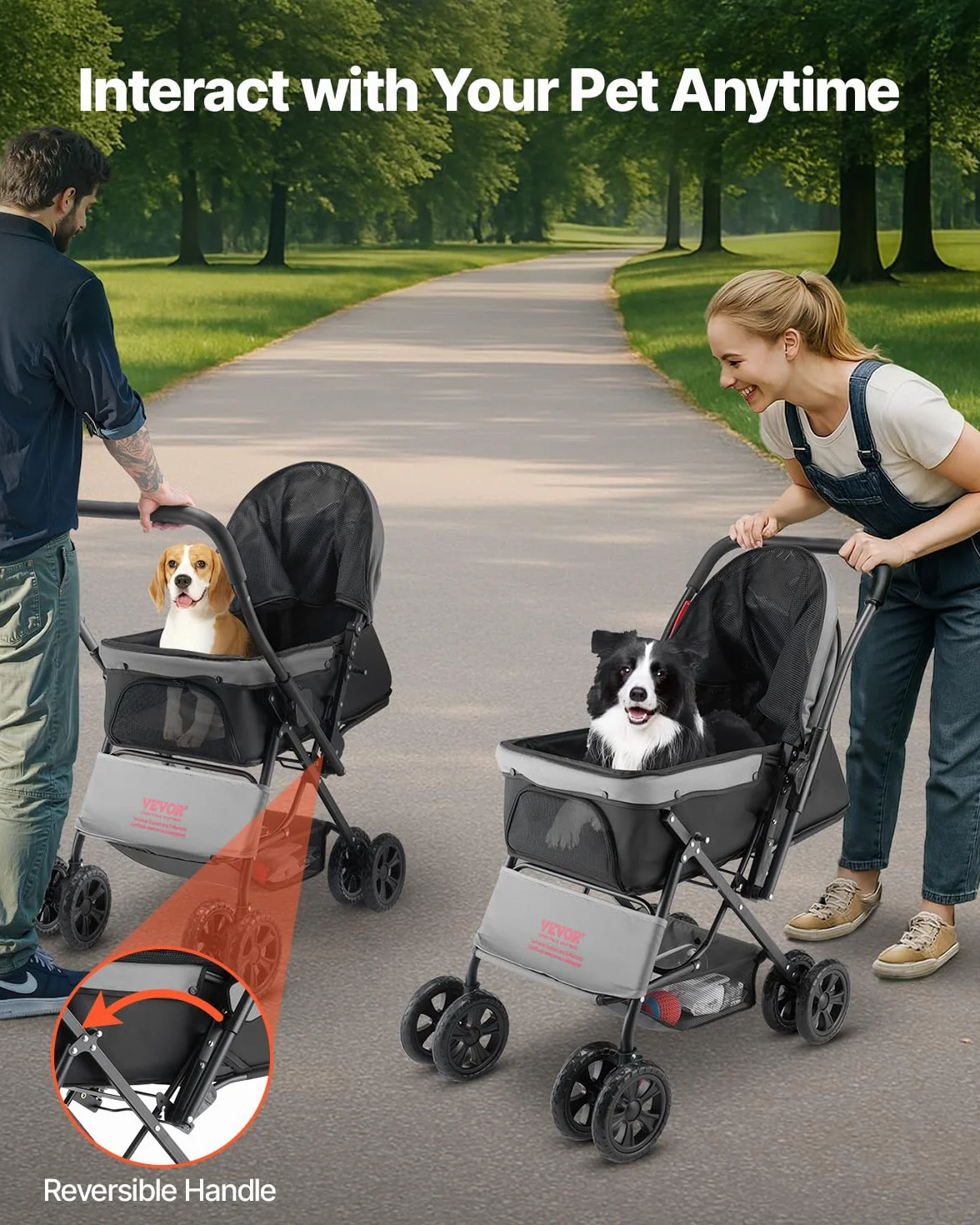 VEVOR Poussette pour Chien Pliable, Charge 20 kg, 4 Roues avec Freins Arrière, Fenêtres en Maille, Poignée Réversible, pour Petits et Moyens Animaux