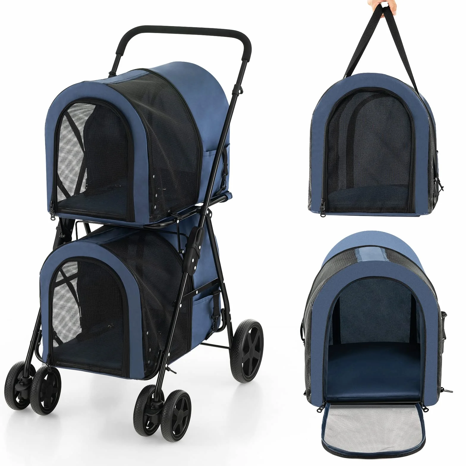 GYMAX Poussette Chien 15 KG Pliable 81×45×101 CM Noir/Beige/Bleu