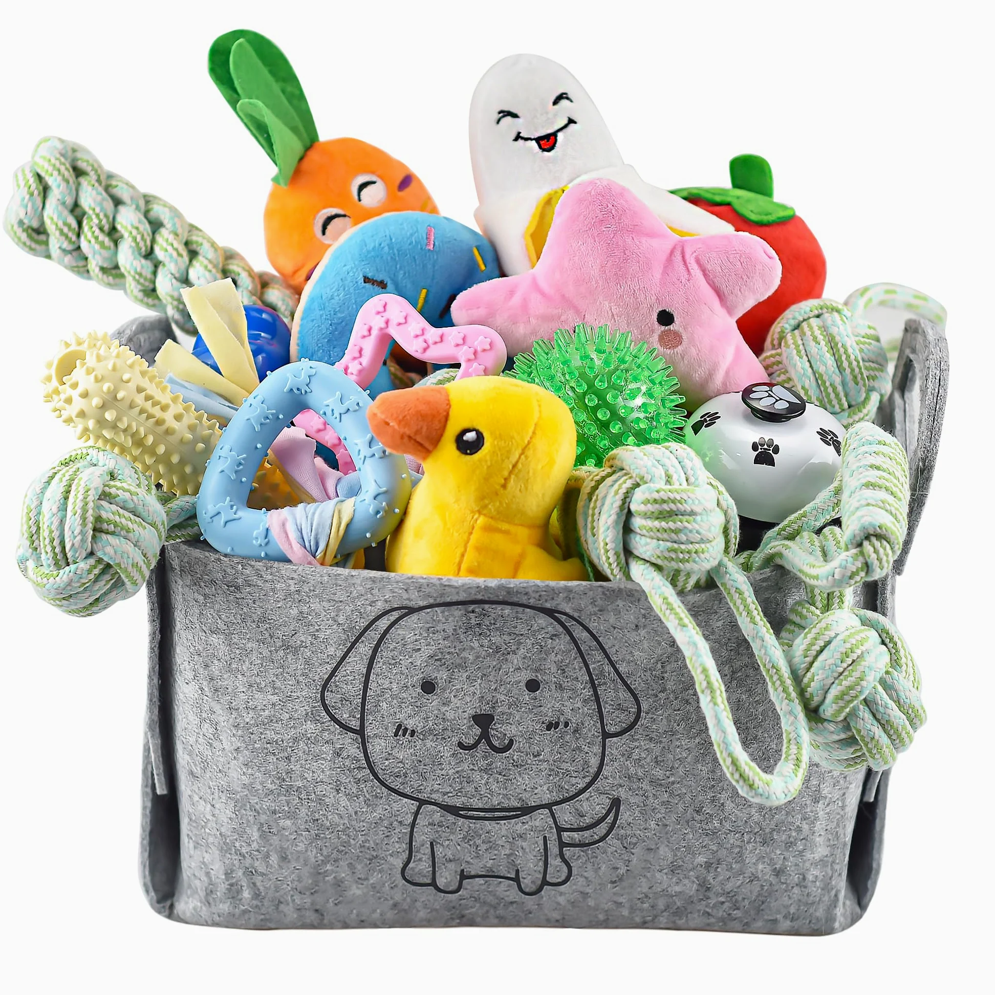 LECHONG Lot de 24 Jouets à mâcher pour Chiot, Jouets de Dentition pour Chien avec bac de Rangement, Jouets en Corde et Jouets couineurs pour l'ennui, Jouets interactifs pour Chiens de Petite et