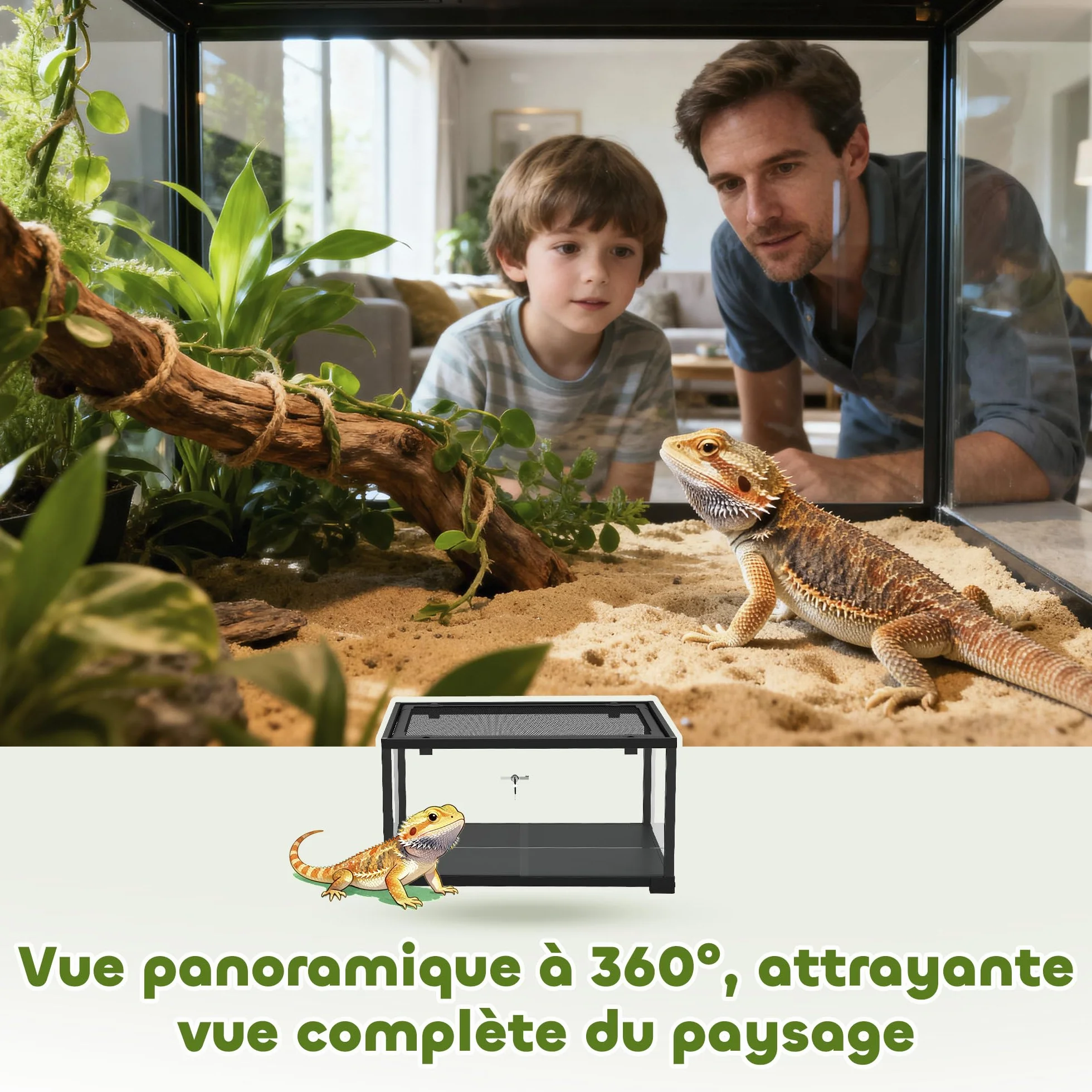 PawHut Terrarium en Verre 86L 60x45x32cm pour Reptiles Lézards Serpents Geckos Porte Coulissante Noir