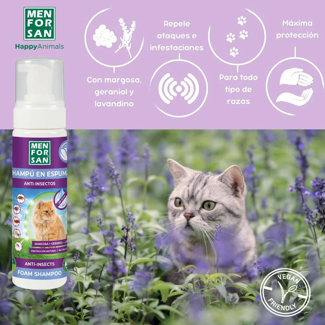 MENFORSAN Shampooing Moussant Anti-Puces pour Chats 200ml Margosa Geraniol Lavandin