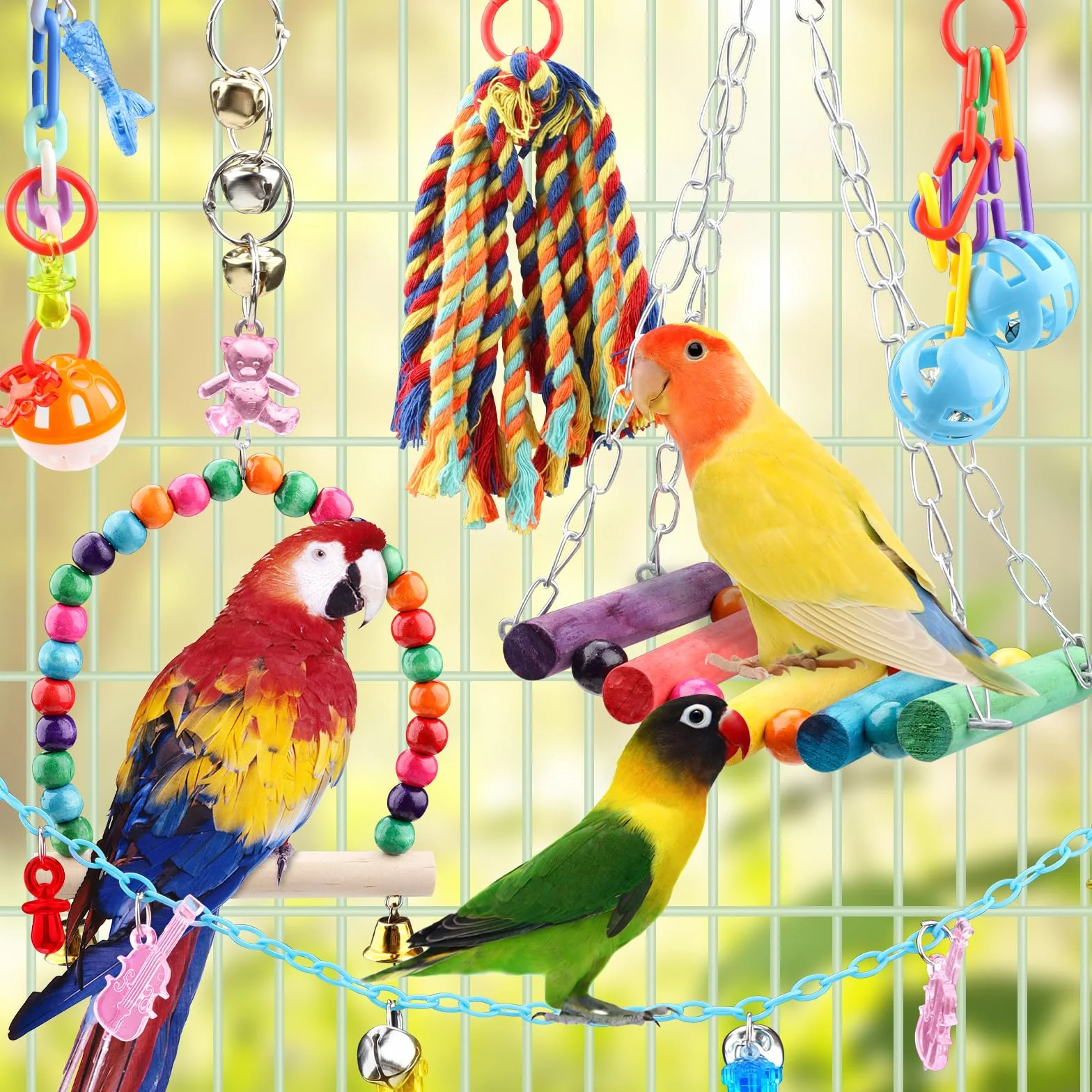 QUOZUO Jouets pour Oiseaux 9 Pièces Jouet Perroquet à Mâcher Suspendre Accessoire Cage Balançoire Échelle Cloches