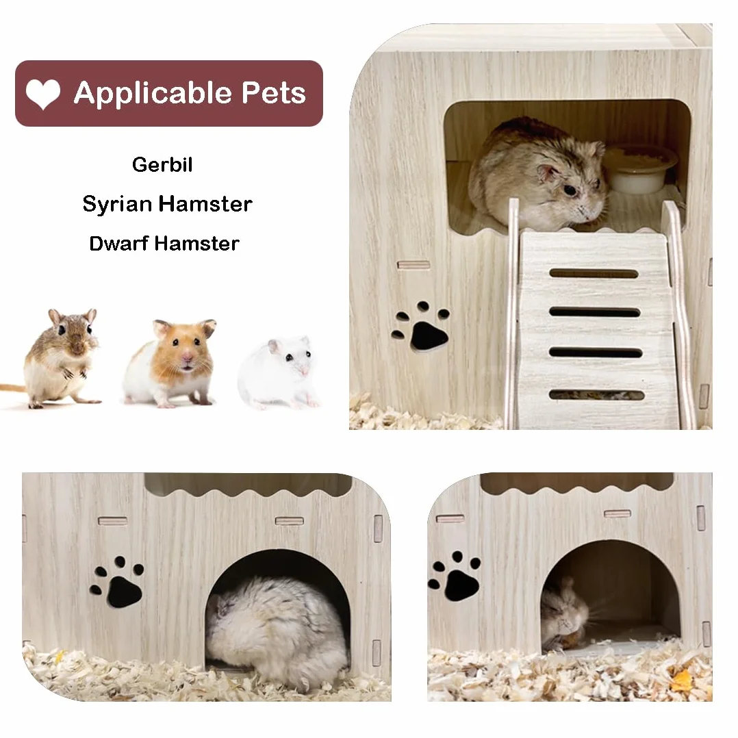 Maison Hamster, Maison en Bois pour Hamster Nains Hamster Syrien Rat Gerbille, 2 étages avec Échelle
