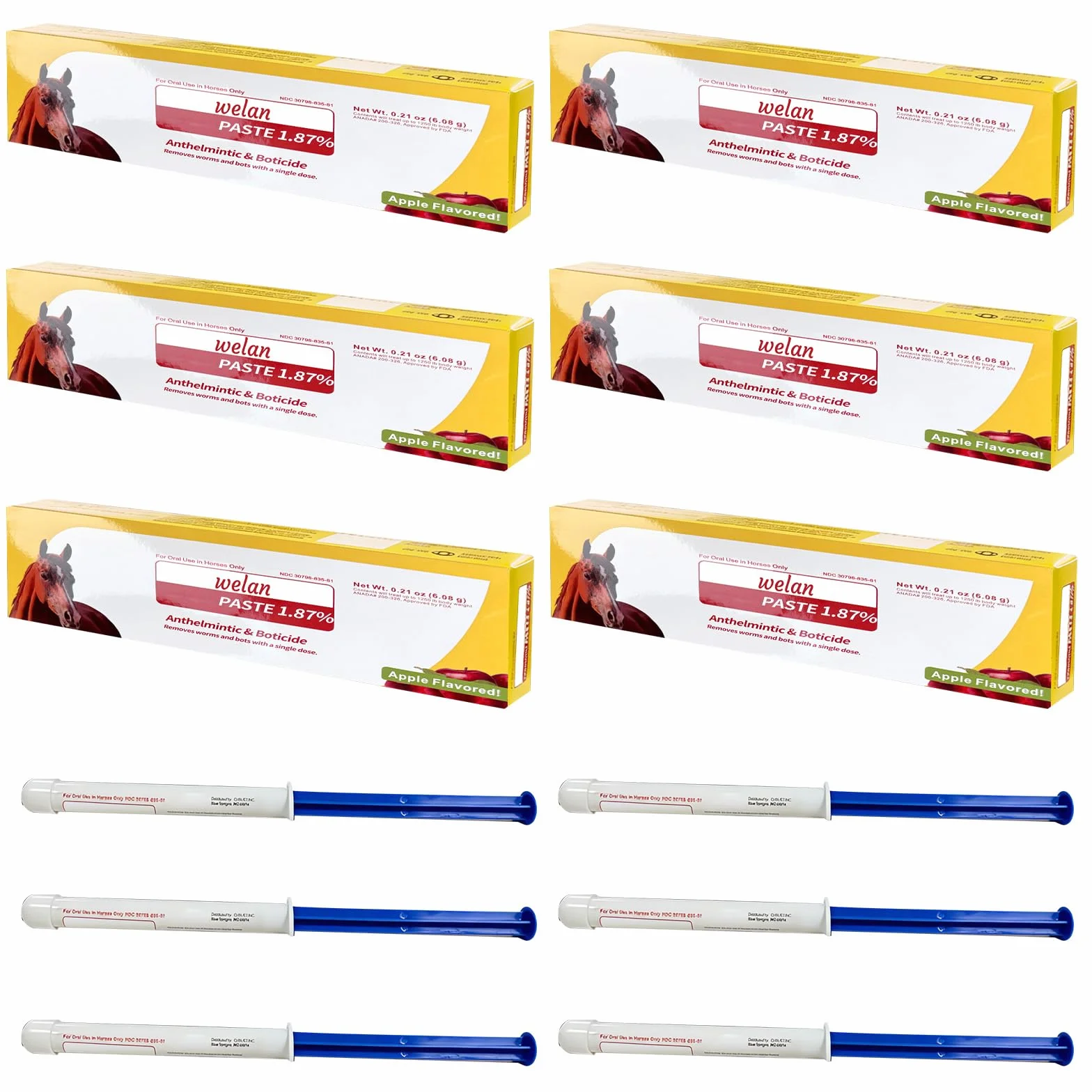 Lot de 6 gels pour chevaux 1,87 % saveur de pomme pour chevaux jusqu'à 567 kg