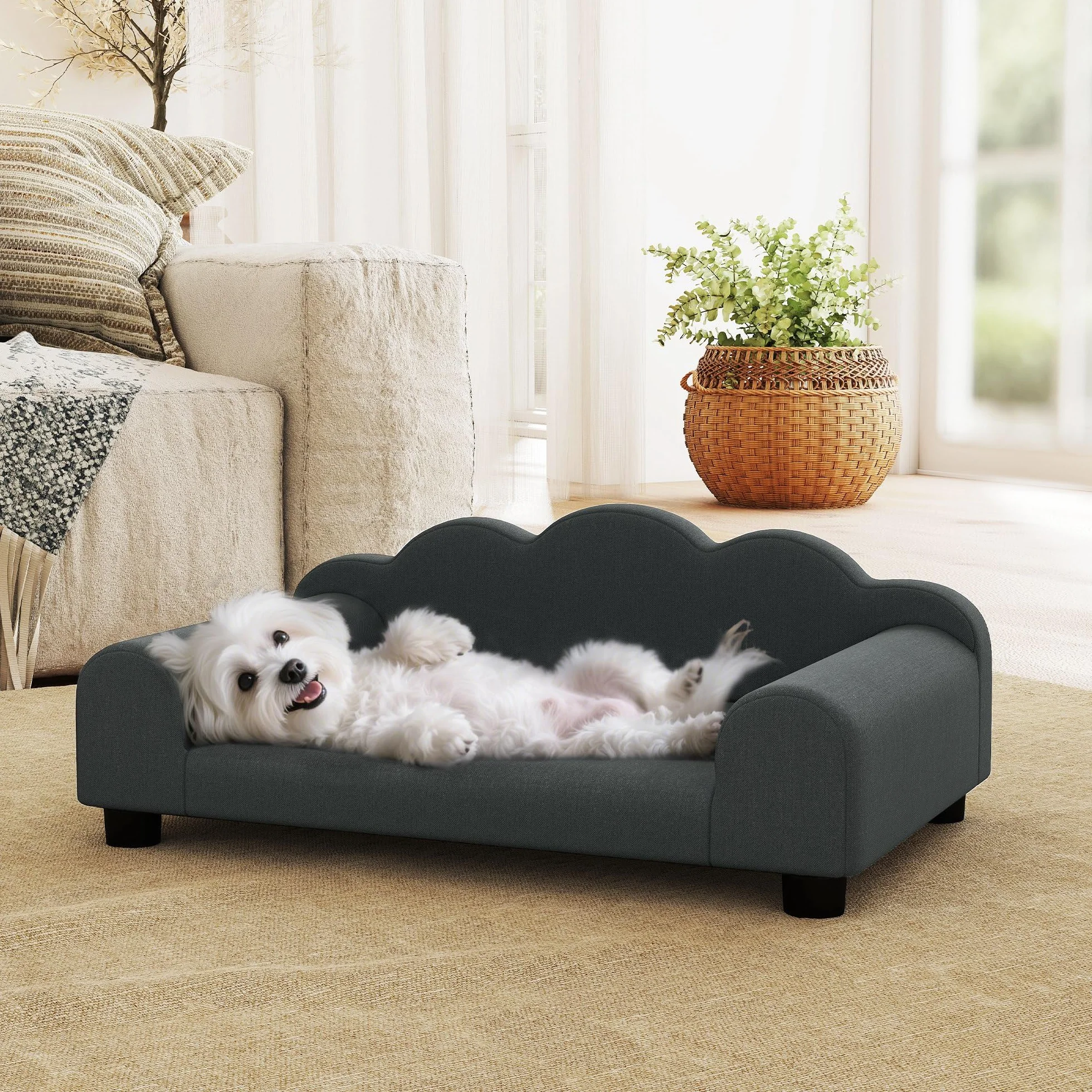 PawHut Canapé pour Chien avec Dossier et Accoudoirs, Respirant, 66 x 42 x 28,5 cm, Gris foncé