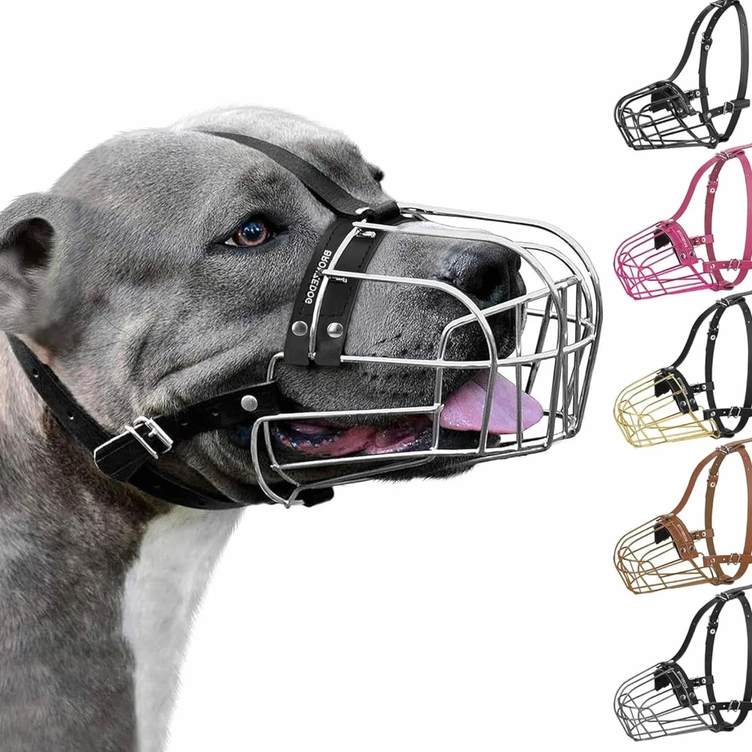 BronzeDog Muselière pour Chien en métal Amstaff Panier en Fil de Fer Sangles réglables en Cuir pour Grands Chiens