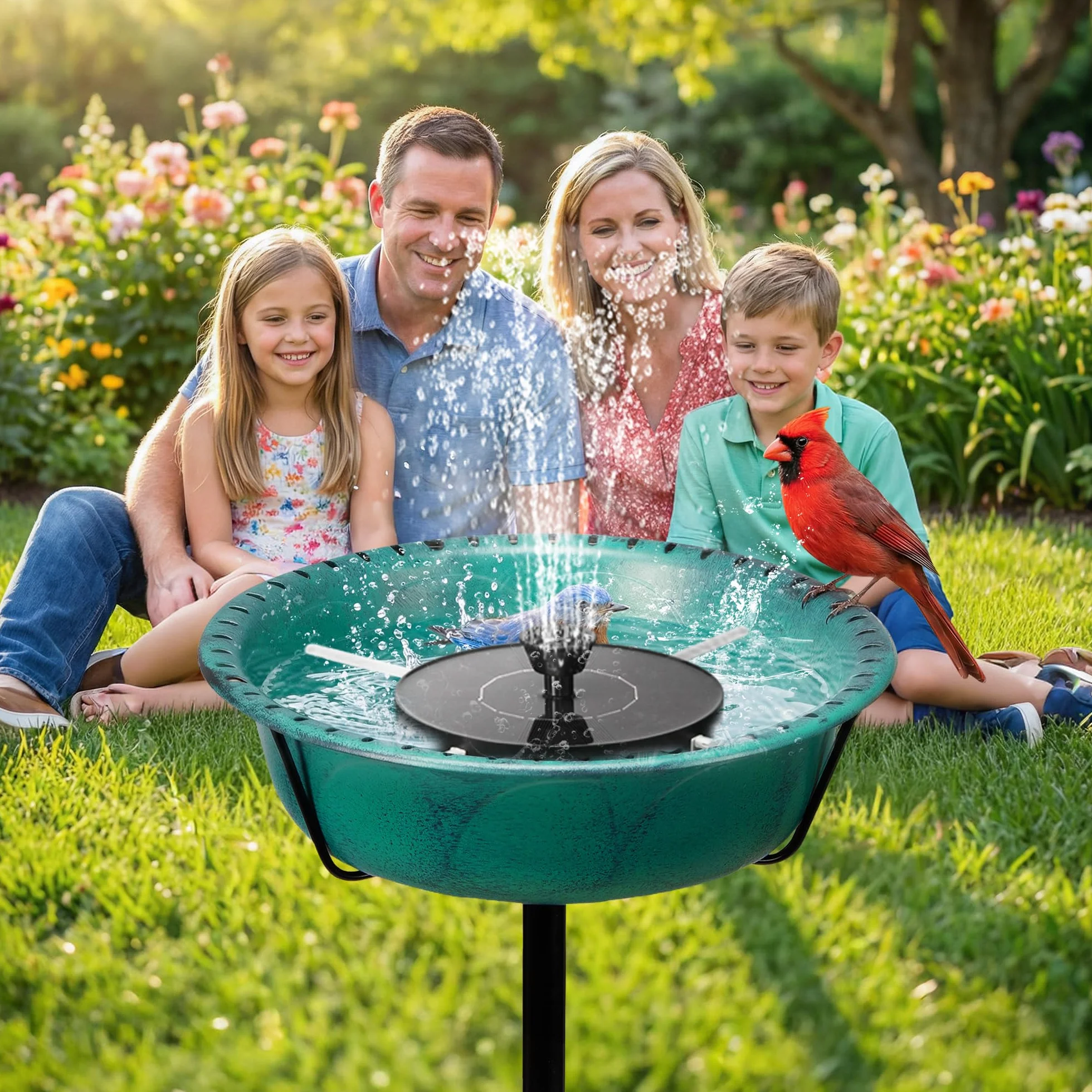 VIVOHOME Fontaine Solaire pour Bain d'oiseaux en Polyresine 74cm Mangeoire Extérieure sur Pied avec Tige en Métal