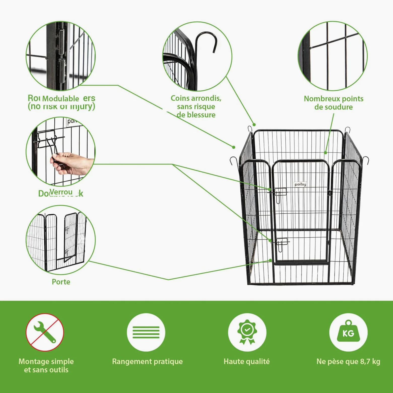 Parc Enclos pour Chien Chiot et Lapin GARDEO80x100x4, 4 Panneaux 80X100cm, 0,64M2, modulable, intérieur et extérieur, Pliable, Garantie 5 Ans