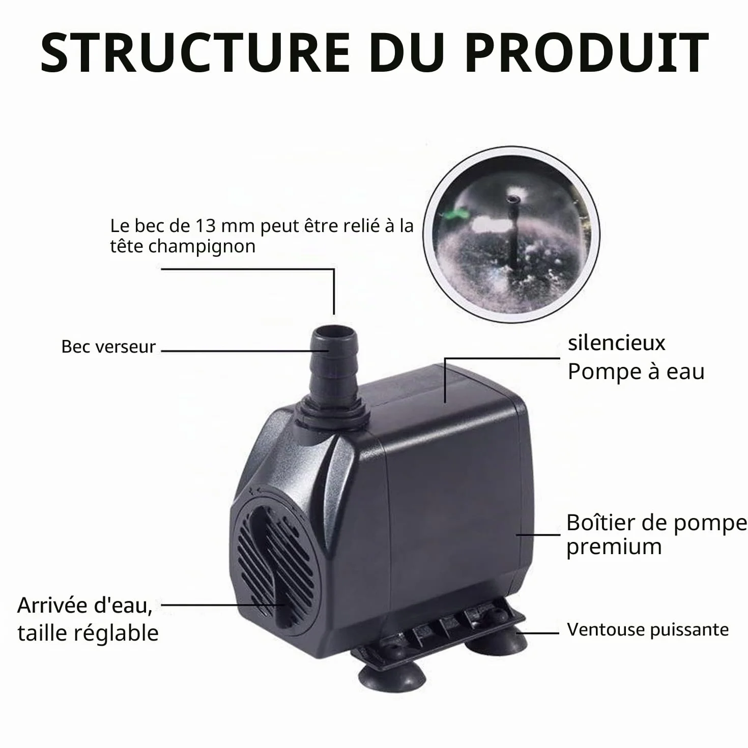 Mini pompe à eau 600 l/h 10 W silencieuse aquarium fontaine câble 1,5 m