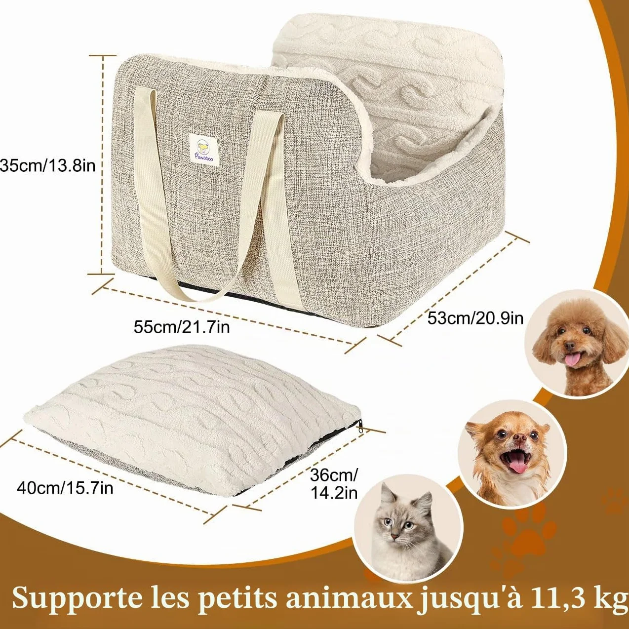 Siège d'Auto pour Petit Chien avec Boucle de Fixation et Laisse de Sécurité, Sac de Transport Rembourré jusqu'à 25 Livres, Brun + Beige