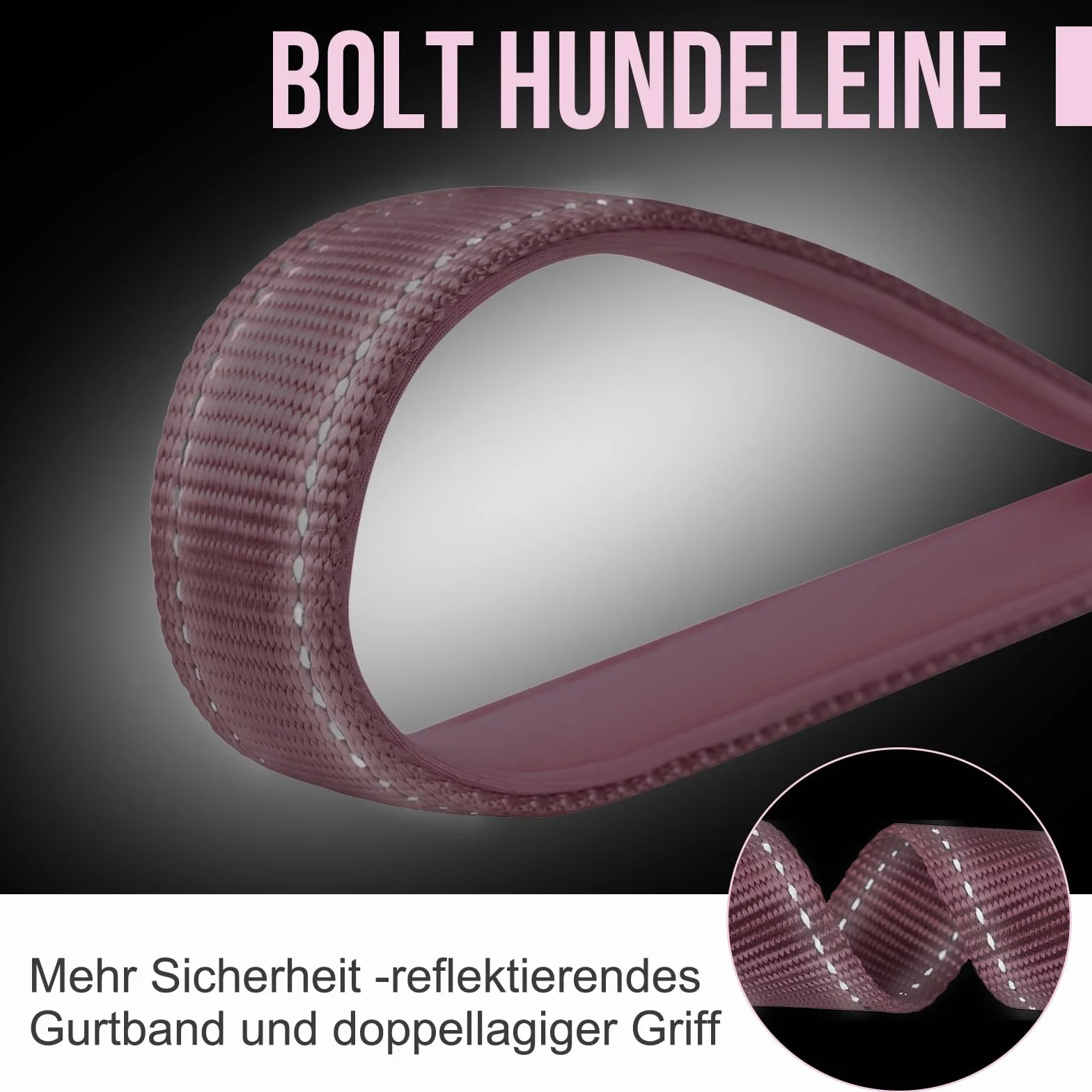 OneTigris Bolt Laisse courte pour chien 30 cm, denture de tigre en métal, rembourrage doux, réfléchissante, nylon, rose