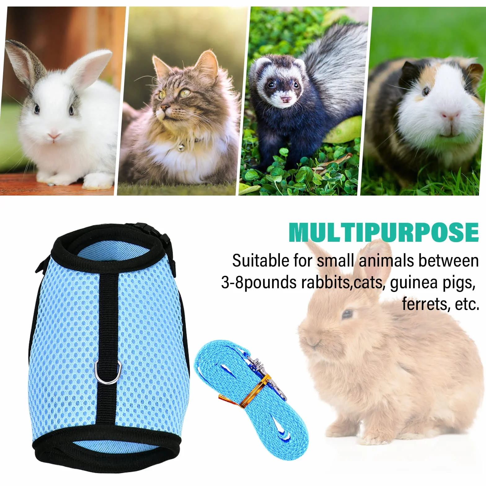 Harnais Lapin Réglable, Laisse Élastique Gilet Souple avec Corde de Traction pour Lapins et Cochons d'Inde (Bleu, S)