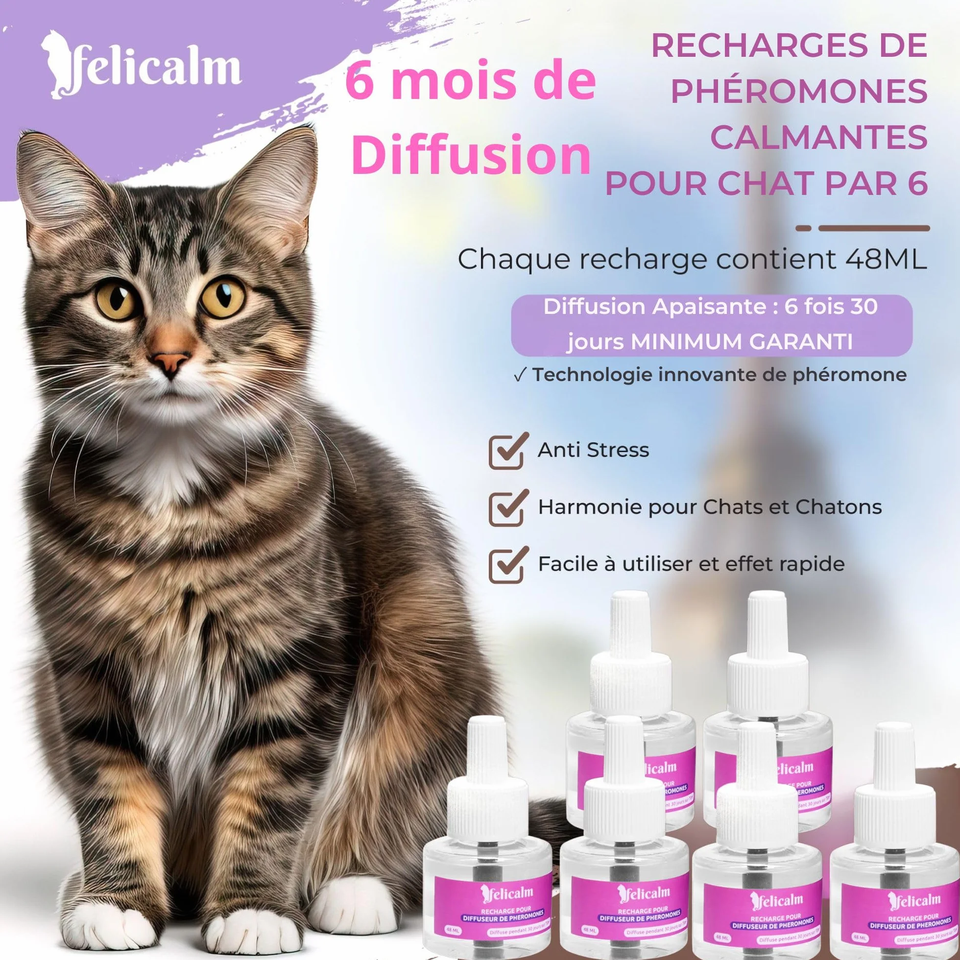 PHEROMONE Anti Stress Pour Chat Paris 6 Recharges 48 ML Calmant